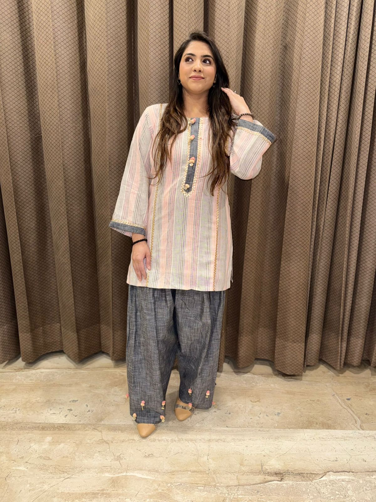 Pastel Multicolour Stripe  Co-ord set with Charcoal Grey Farshi Pants