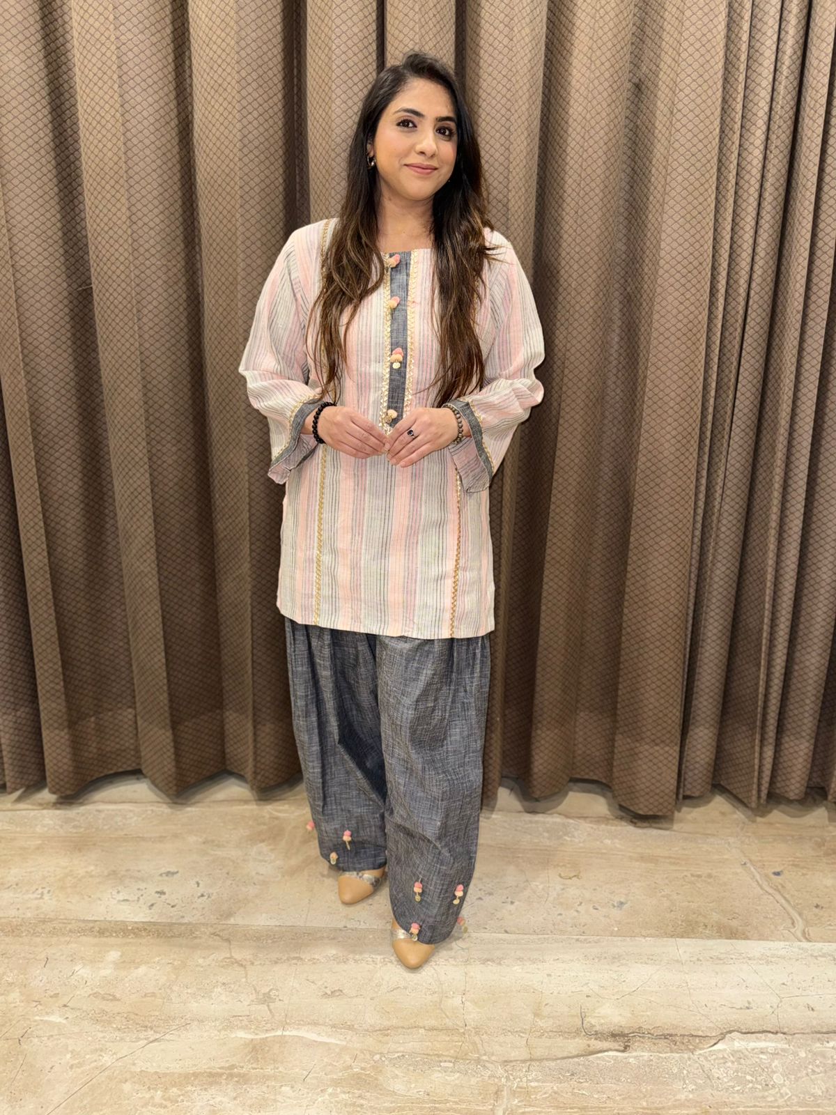 Pastel Multicolour Stripe  Co-ord set with Charcoal Grey Farshi Pants