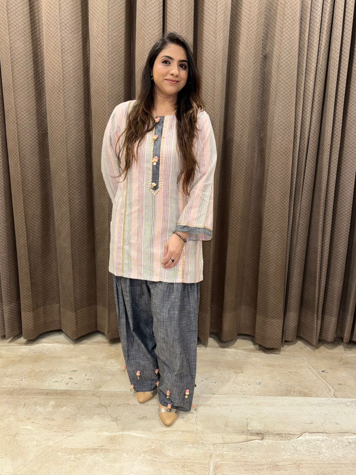 Pastel Multicolour Stripe  Co-ord set with Charcoal Grey Farshi Pants