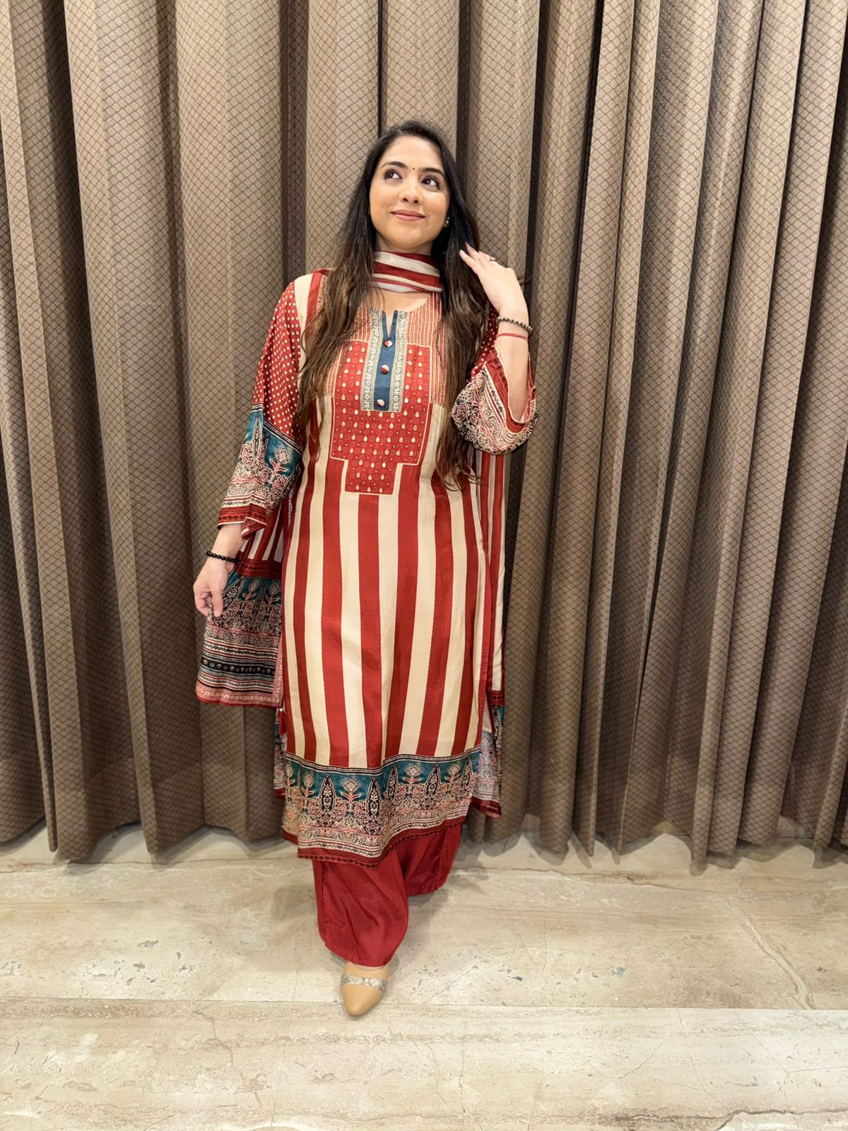 Rust Striped Printed Kurta Set with dupatta