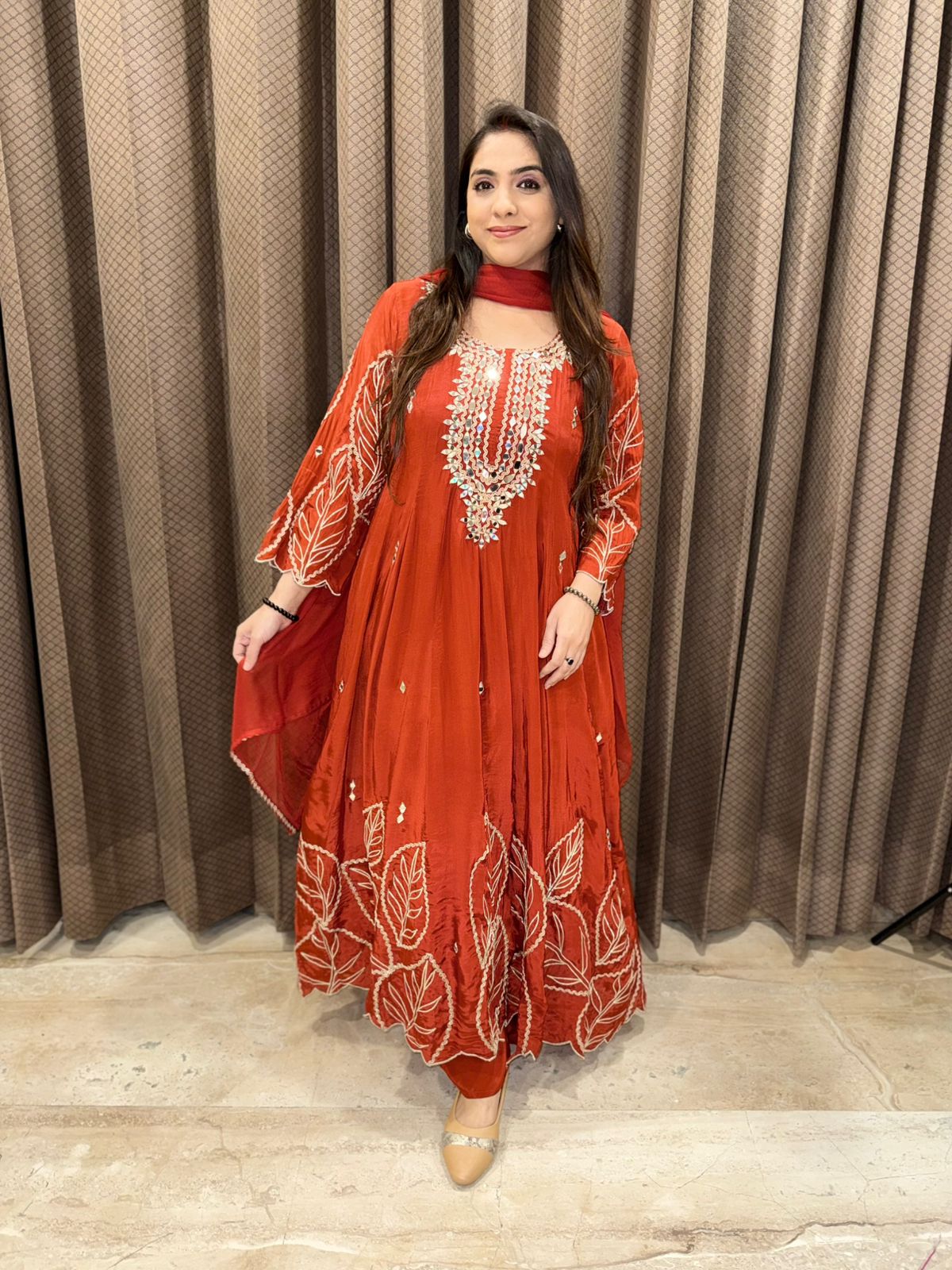 Designer Rust Anarkali with gotta and mirror handwork & dupatta