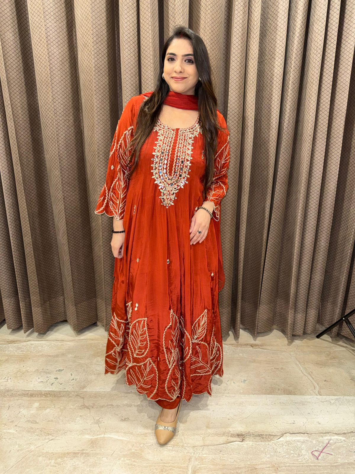 Designer Rust Anarkali with gotta and mirror handwork & dupatta