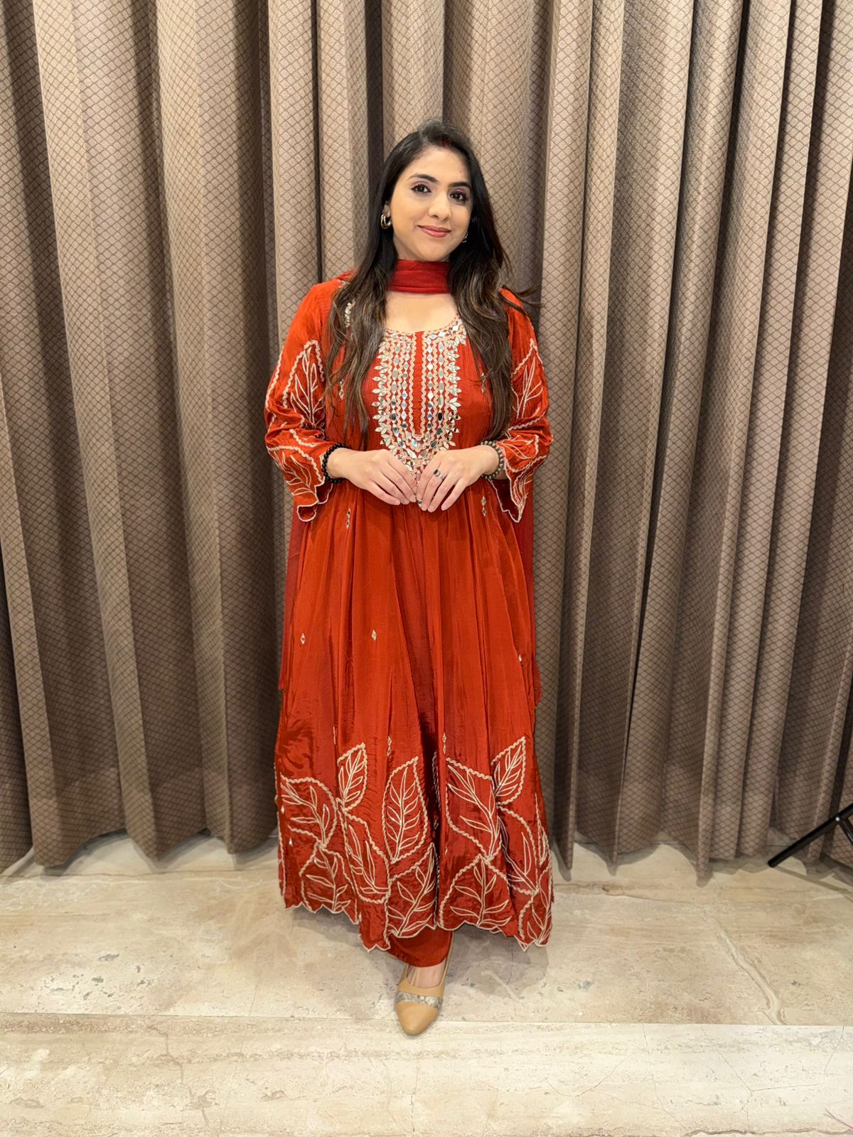 Designer Rust Anarkali with gotta and mirror handwork & dupatta