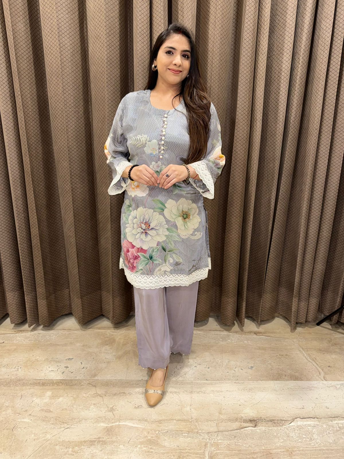 Grey Floral Co-ord set with lace work and pearl detailing
