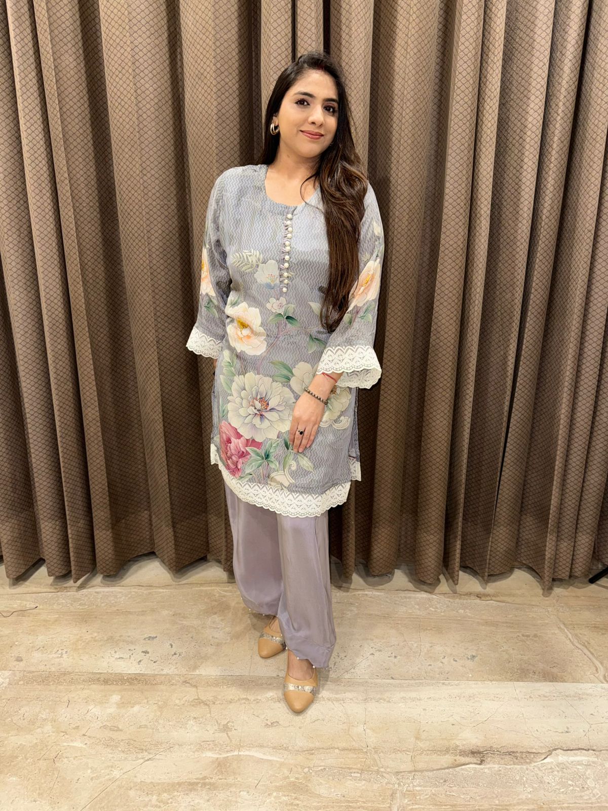 Grey Floral Co-ord set with lace work and pearl detailing