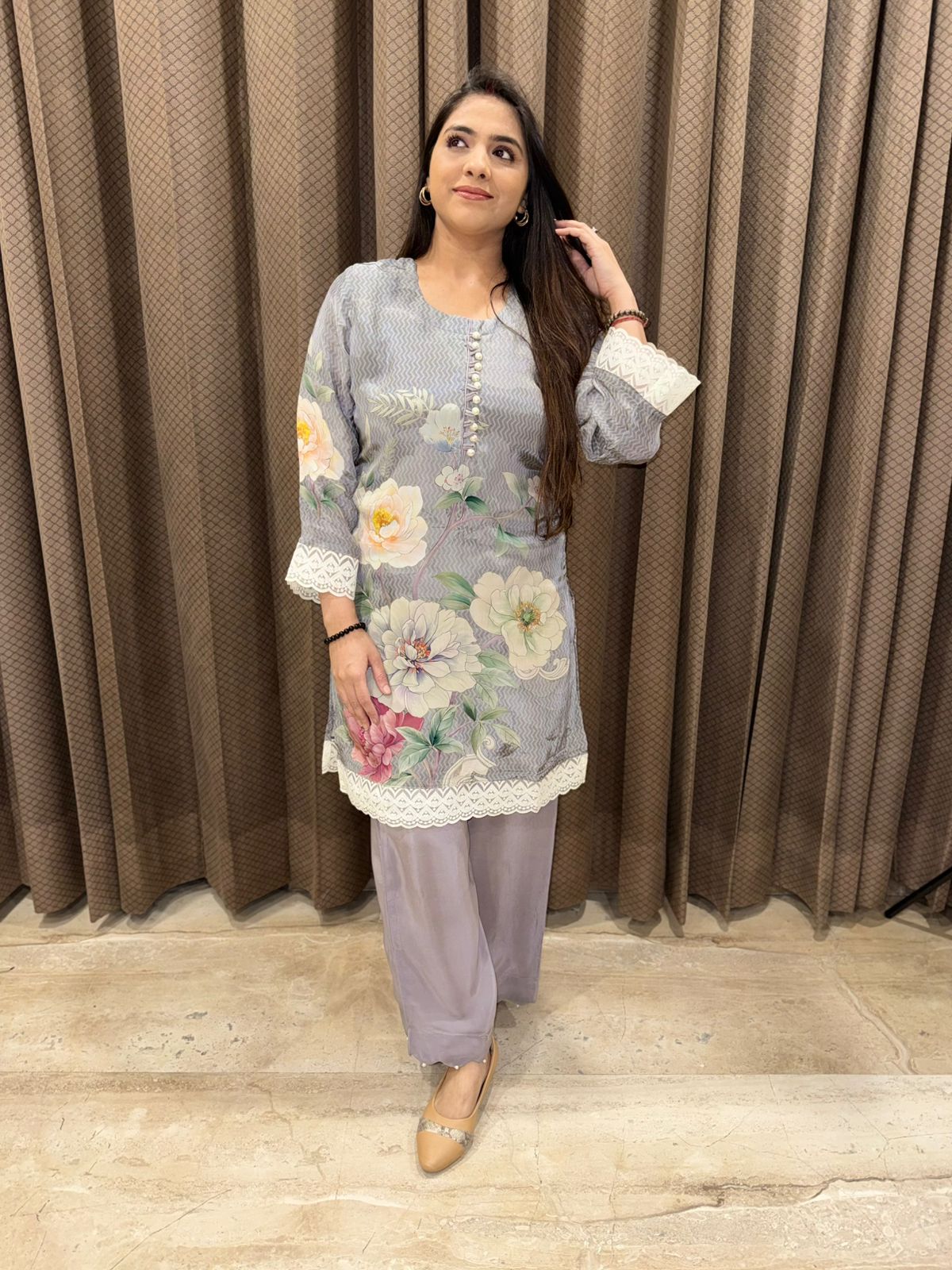 Grey Floral Co-ord set with lace work and pearl detailing