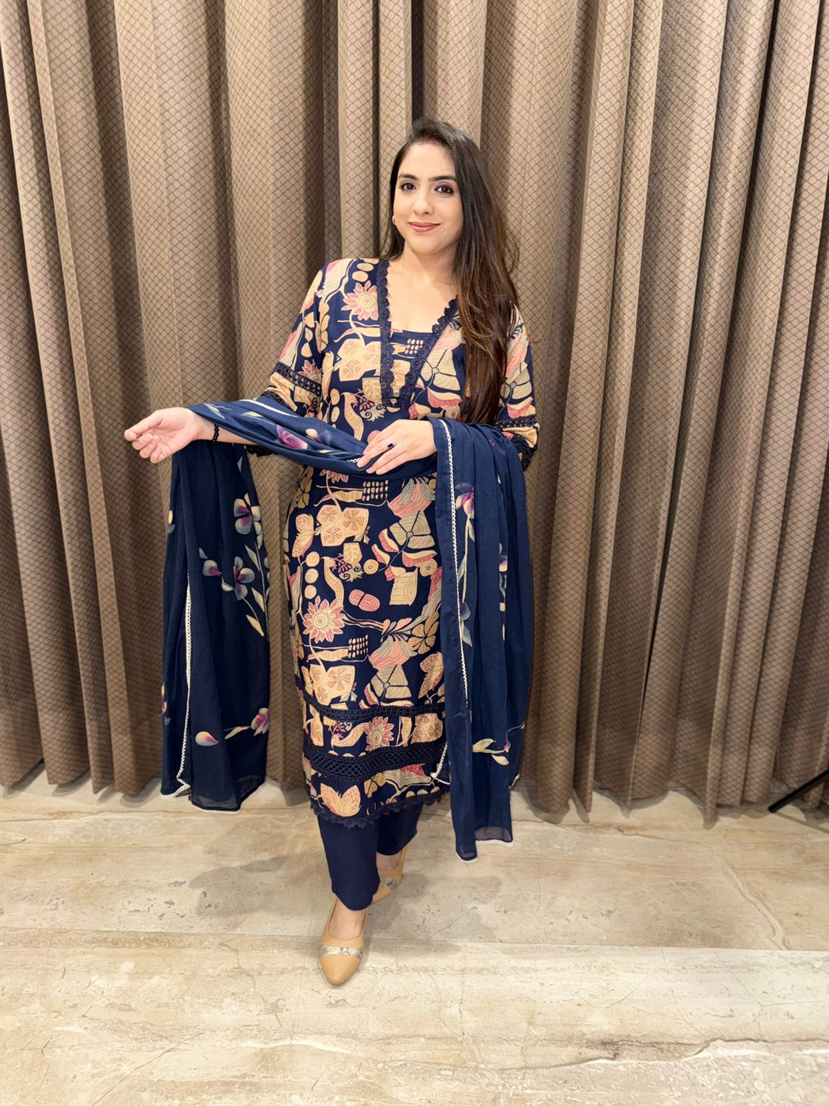Elegant Blue Printed  Cotton straight suit set with dupatta