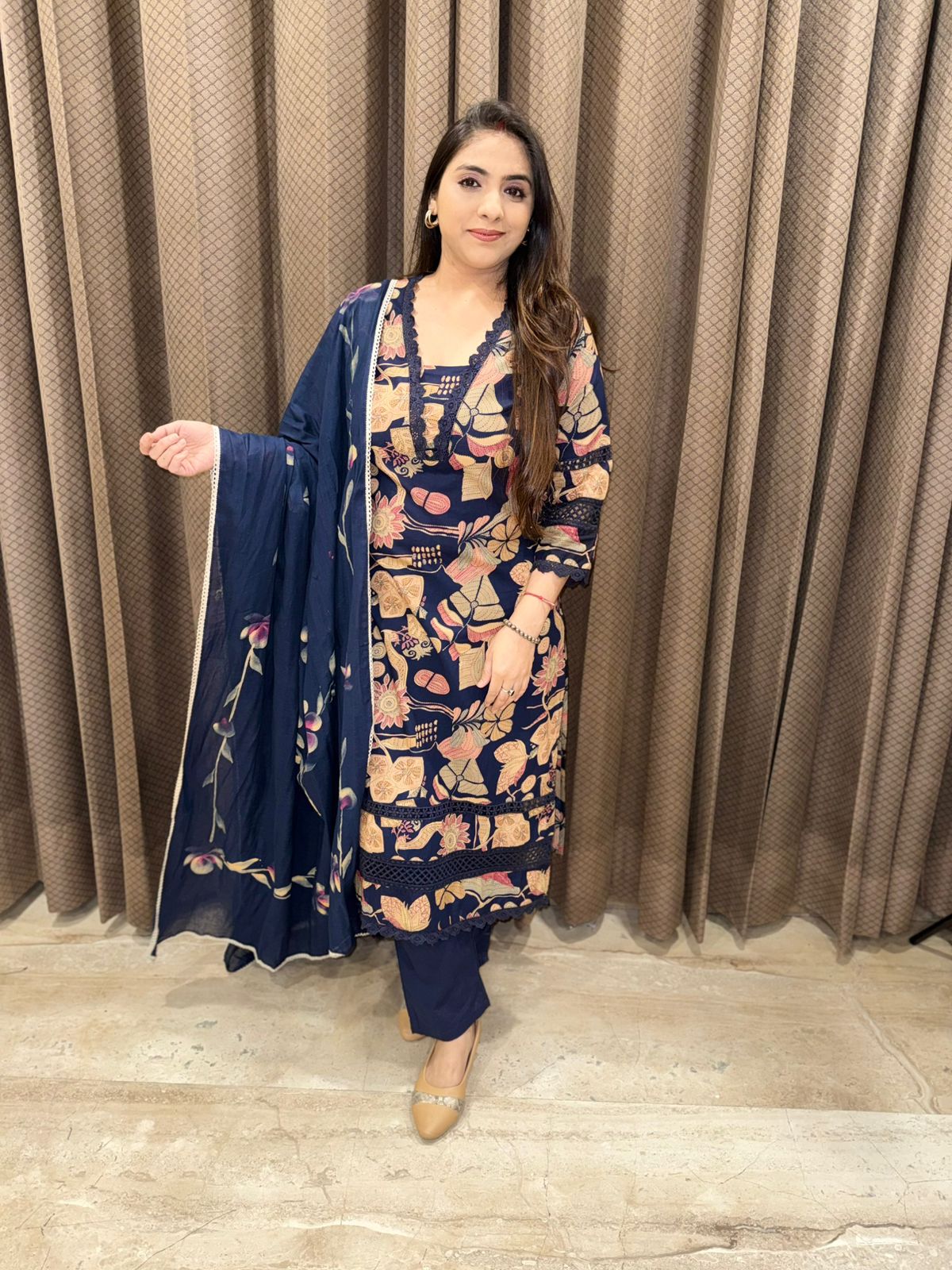Elegant Blue Printed  Cotton straight suit set with dupatta
