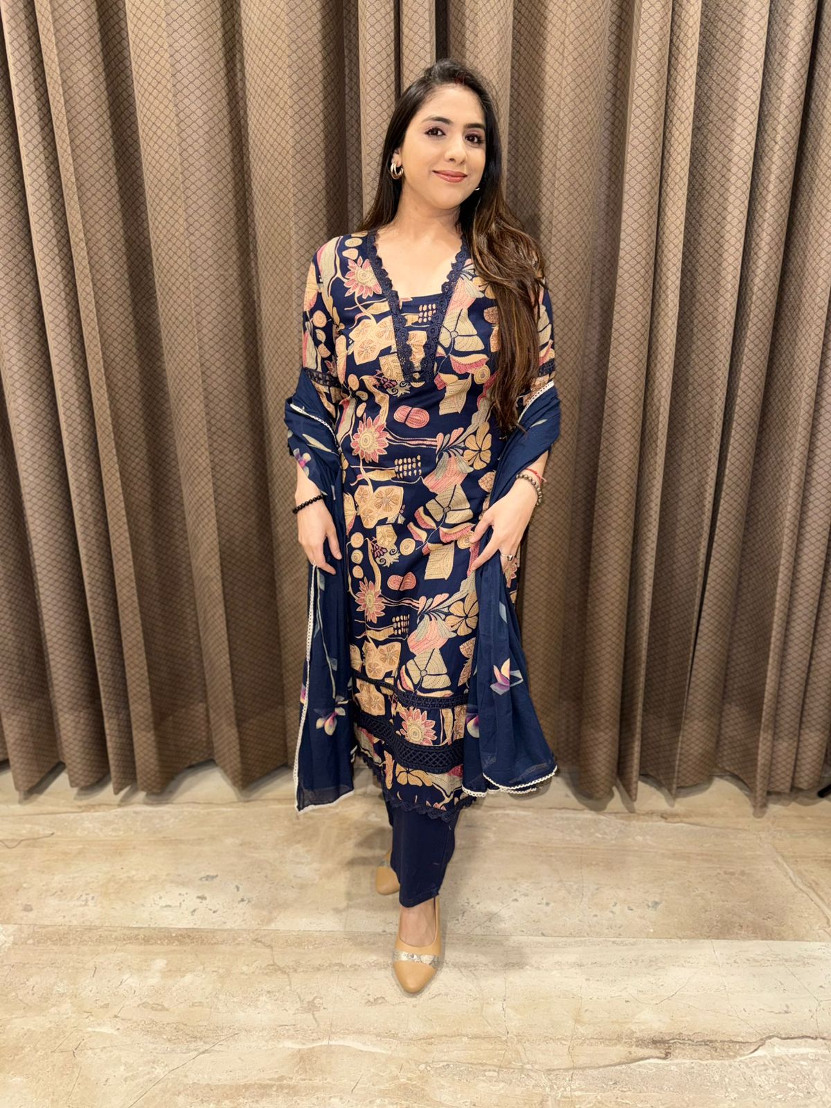 Elegant Blue Printed  Cotton straight suit set with dupatta