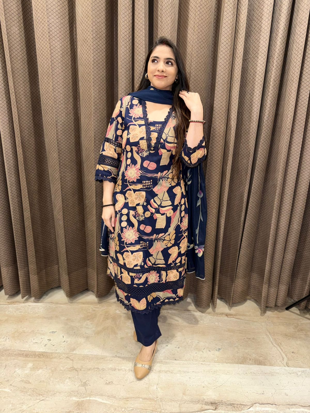 Elegant Blue Printed  Cotton straight suit set with dupatta