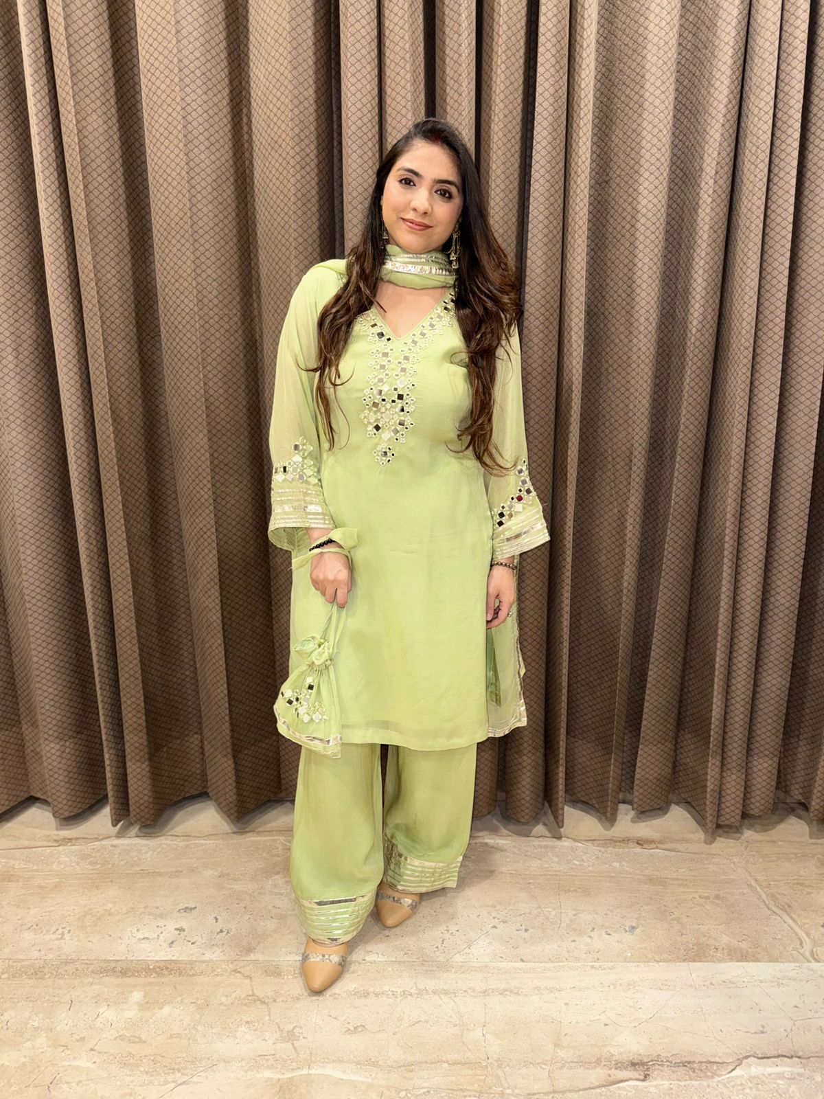 Designer Kurta set with mirror Handwork & Potli