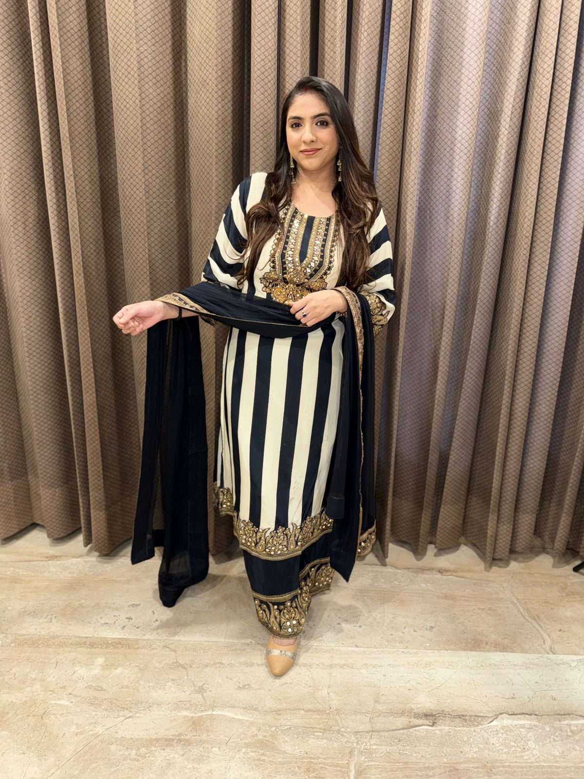 Designer Black Striped Kurta set with handwork & dupatta