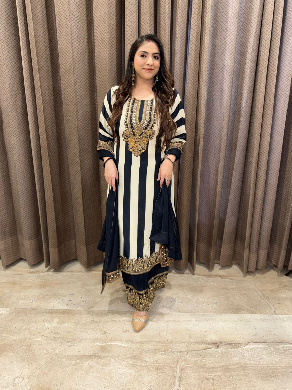 Designer Black Striped Kurta set with handwork & dupatta