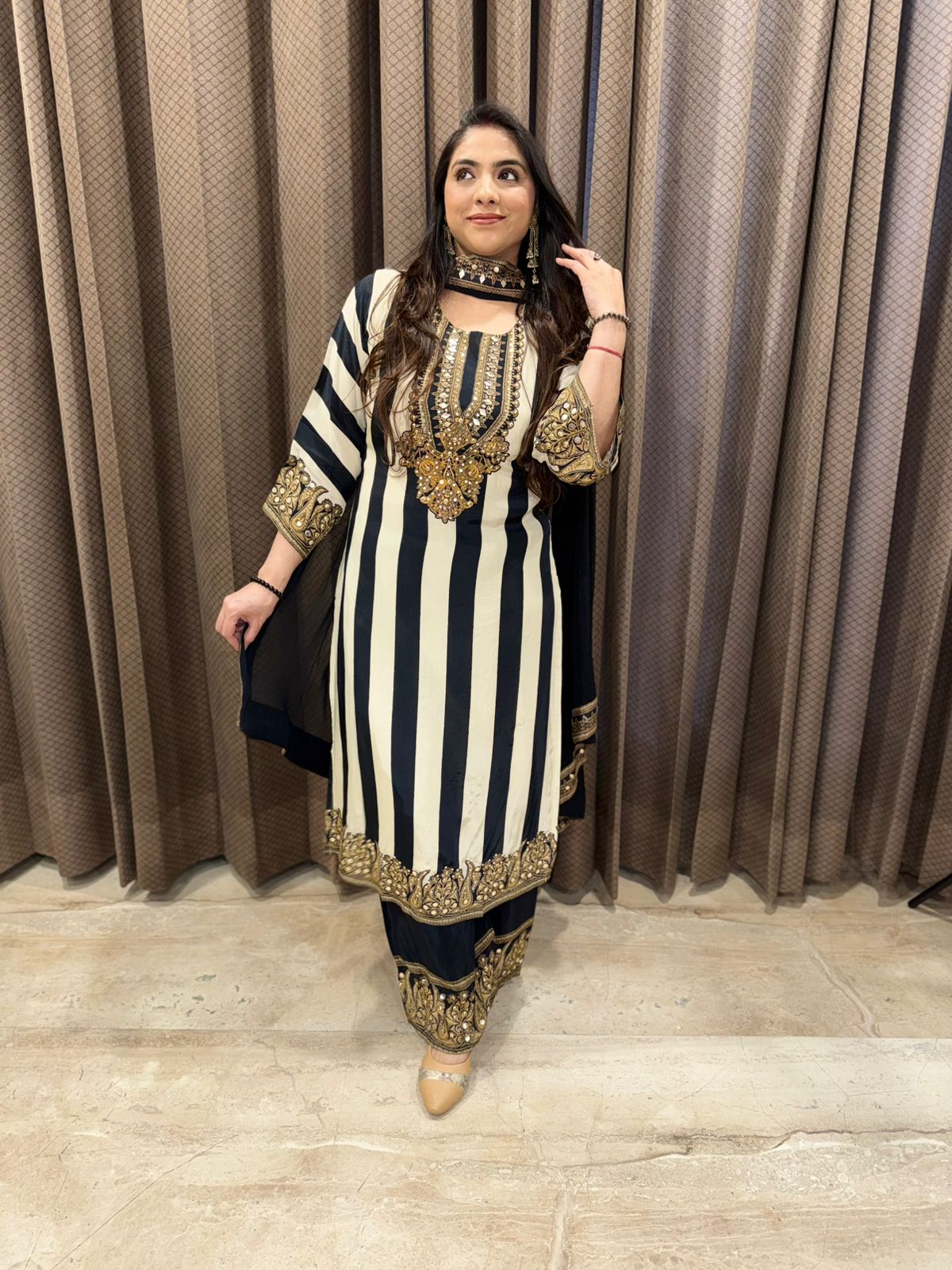 Designer Black Striped Kurta set with handwork & dupatta