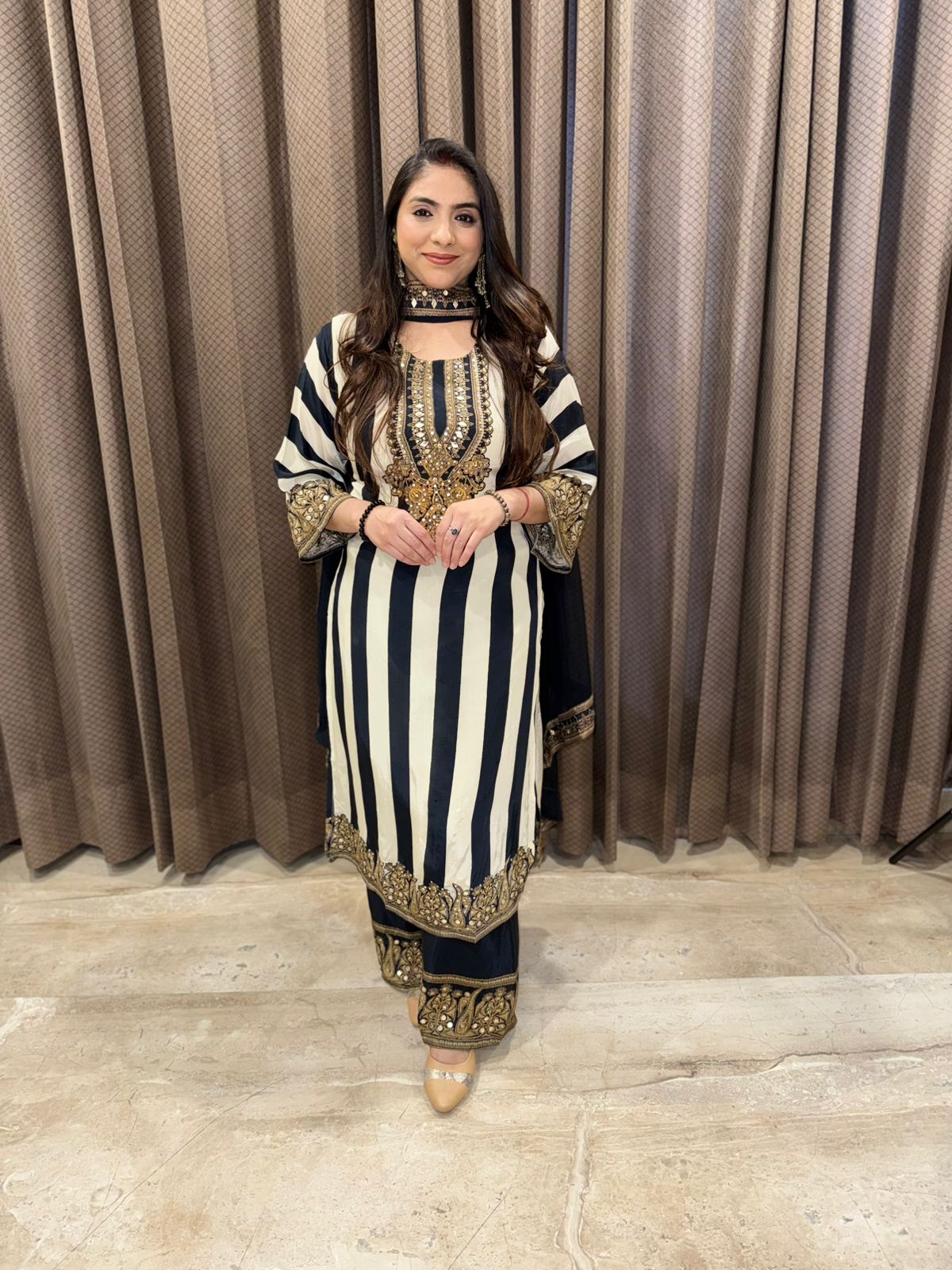Designer Black Striped Kurta set with handwork & dupatta