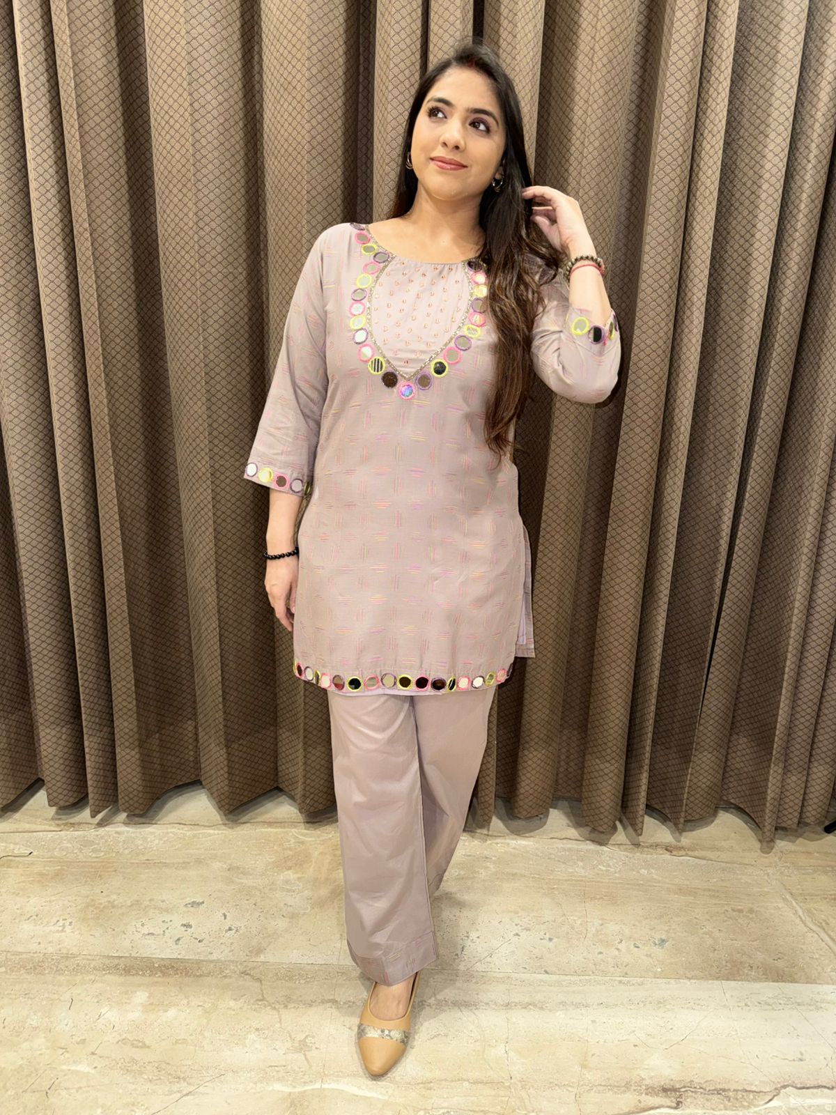 Mauve Mirror work Co-ord set with colourful accents