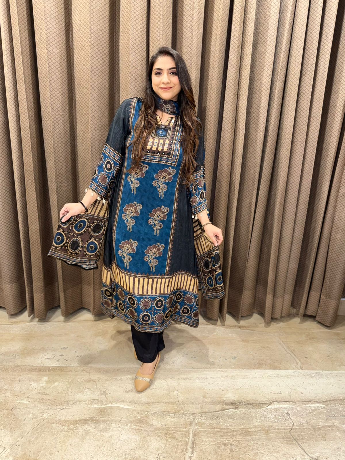 Designer blue Digital C-Cut Suit set with Dupatta