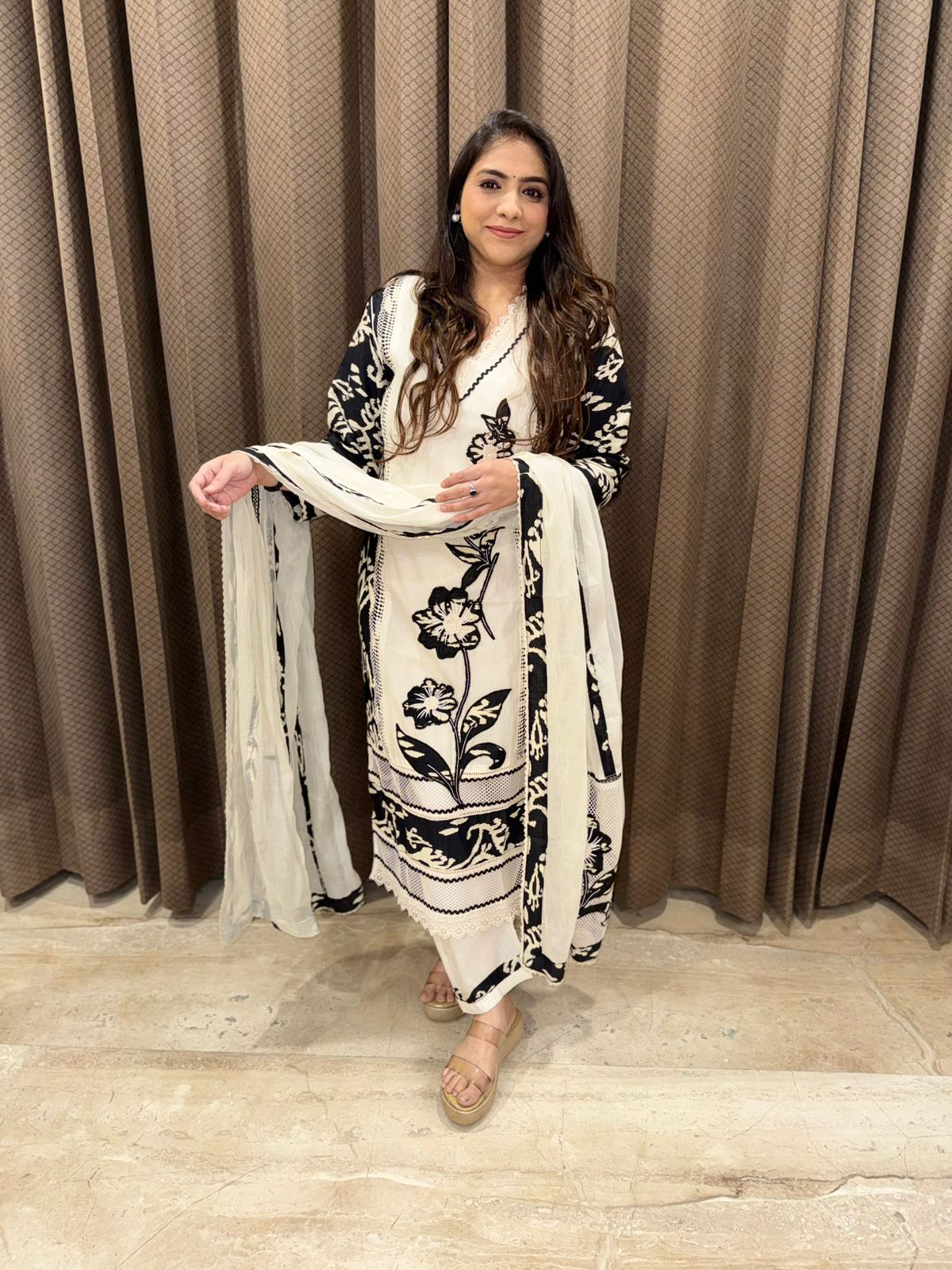 White & Black Statement Floral Kurta set with dupatta