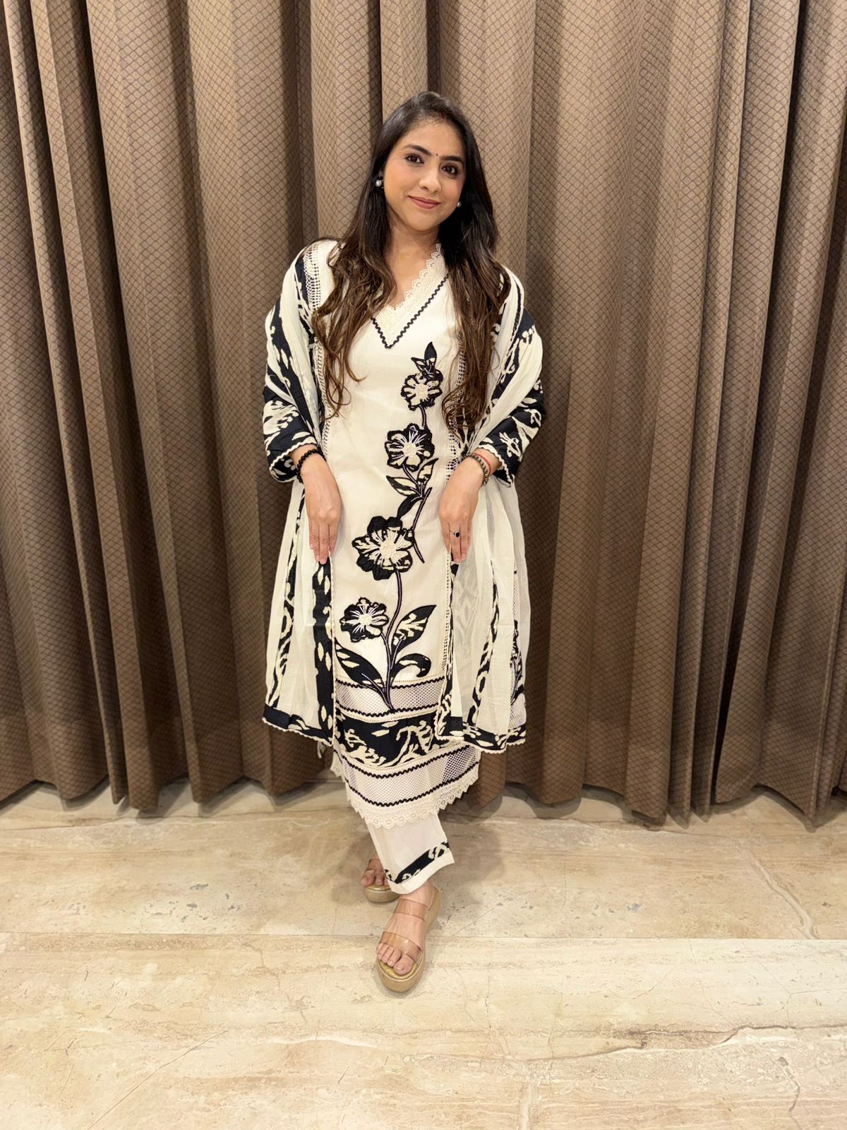 White & Black Statement Floral Kurta set with dupatta