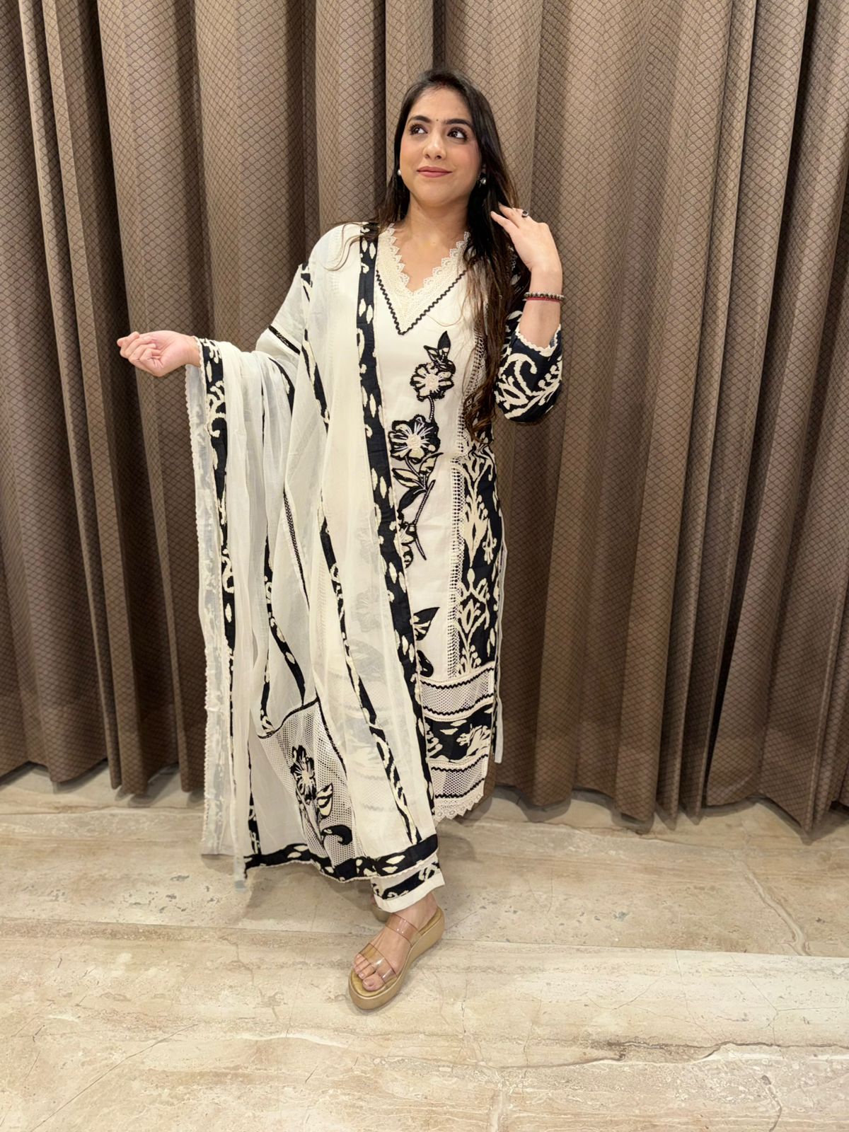 White & Black Statement Floral Kurta set with dupatta