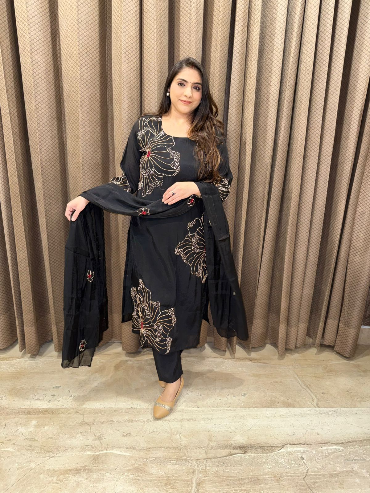 Black Designer kantha work suit set with dupatta