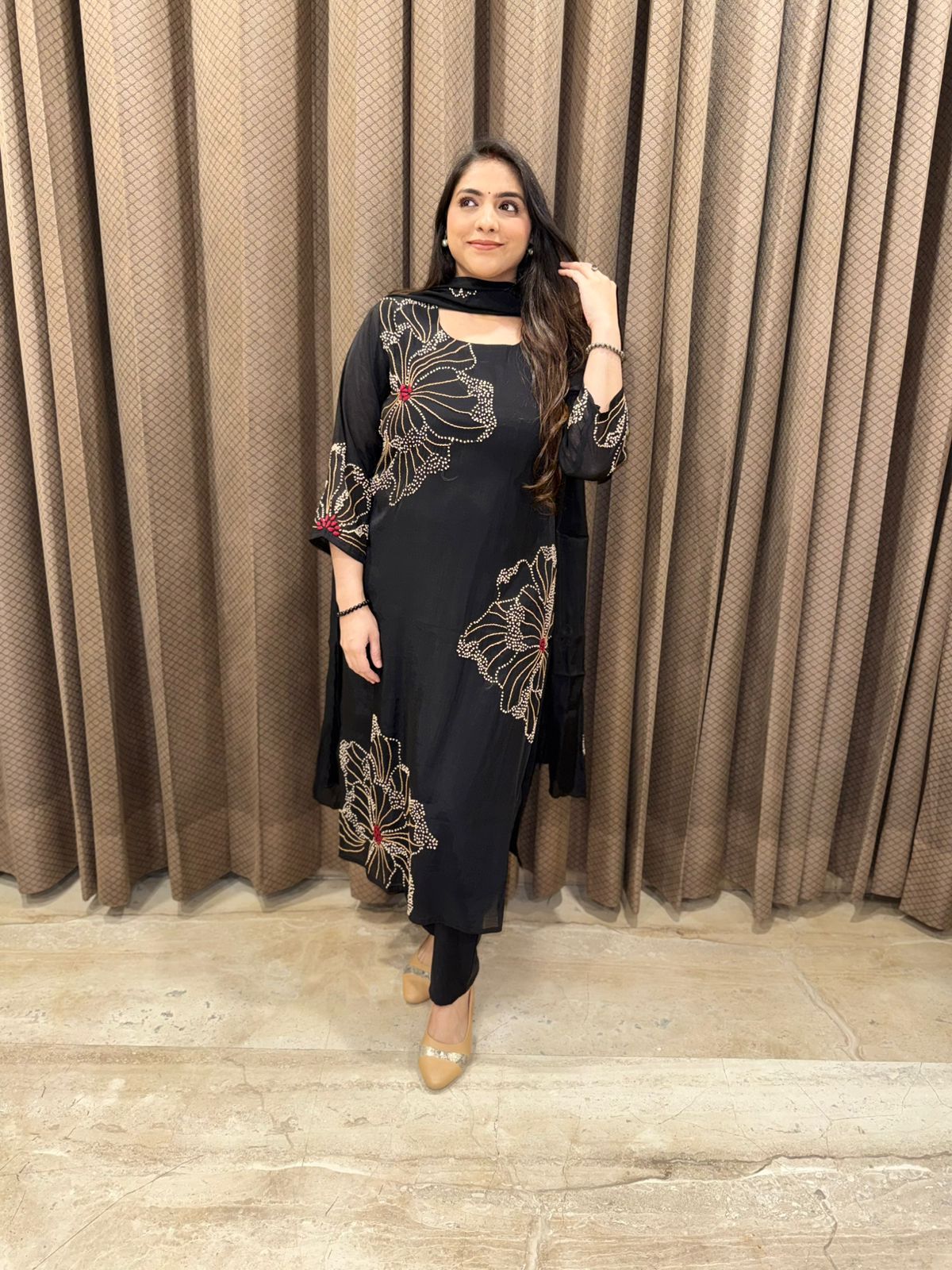 Black Designer kantha work suit set with dupatta