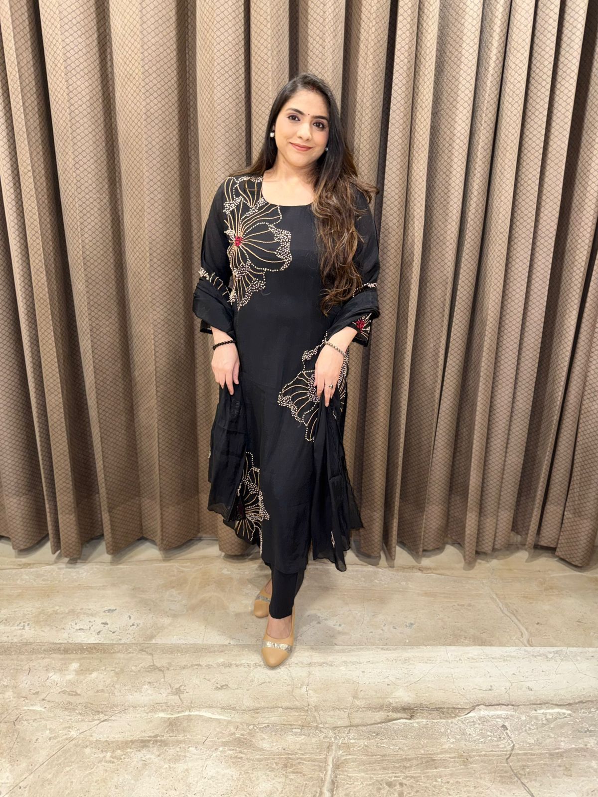 Black Designer kantha work suit set with dupatta