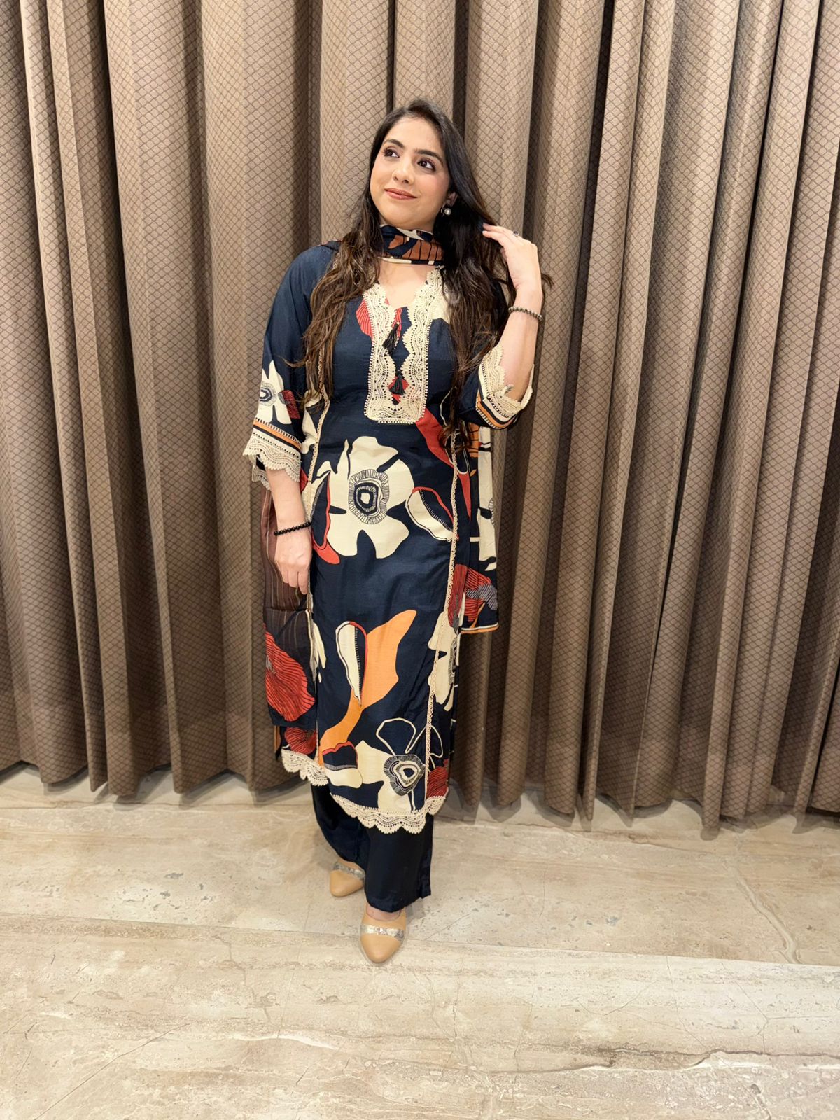 Designer Black floral straight suit set with dupatta