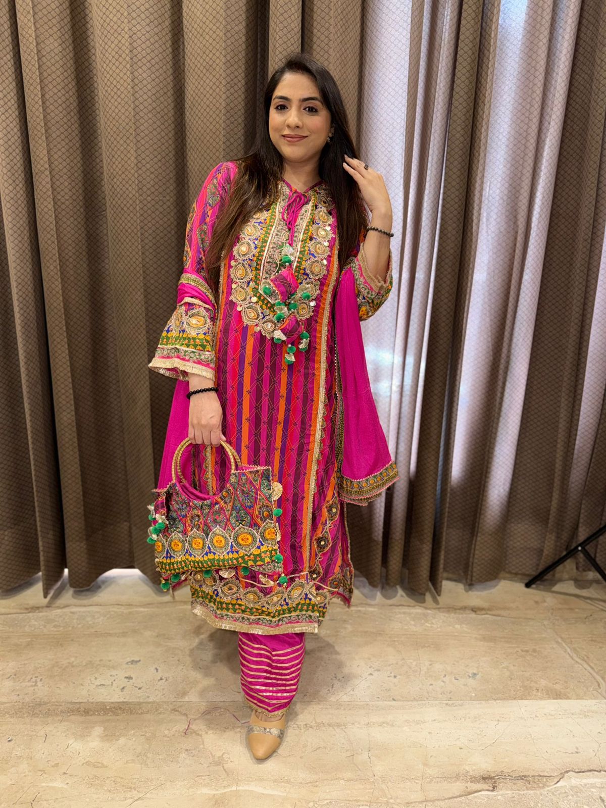 Designer Pink Party wear kurta Set with Multicolour Embroidery & Tassels