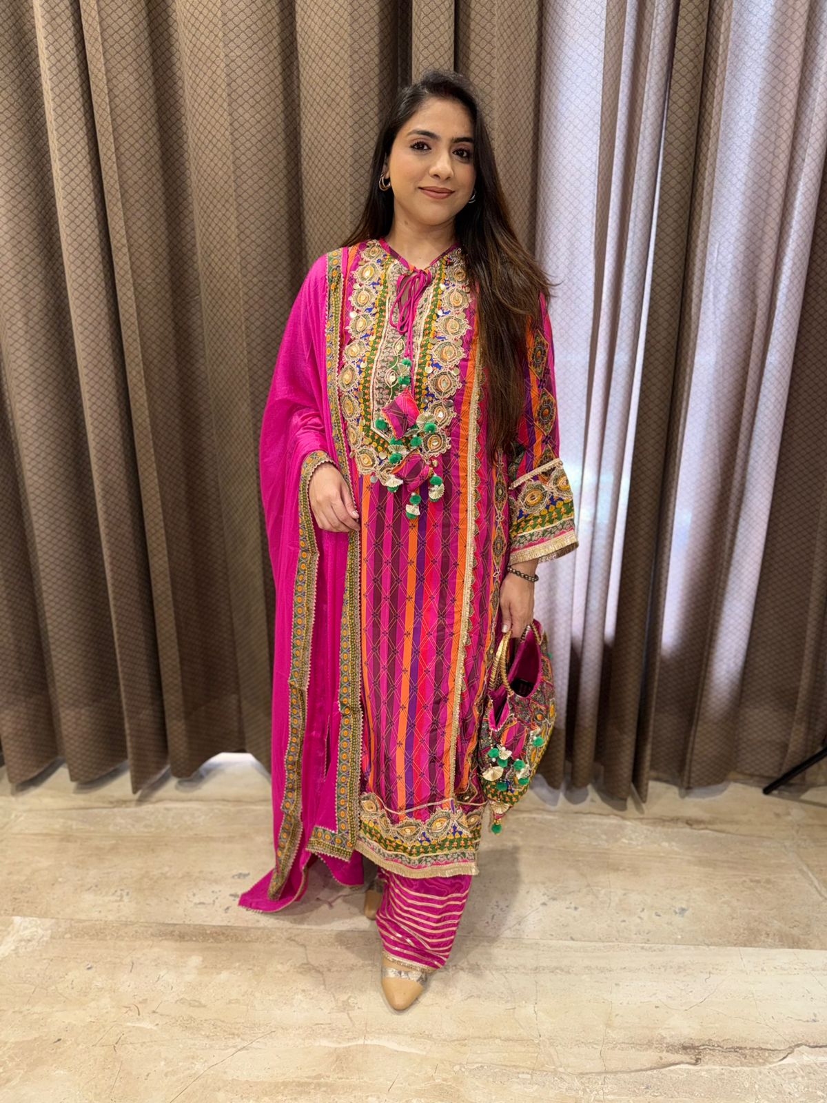Designer Pink Party wear kurta Set with Multicolour Embroidery & Tassels