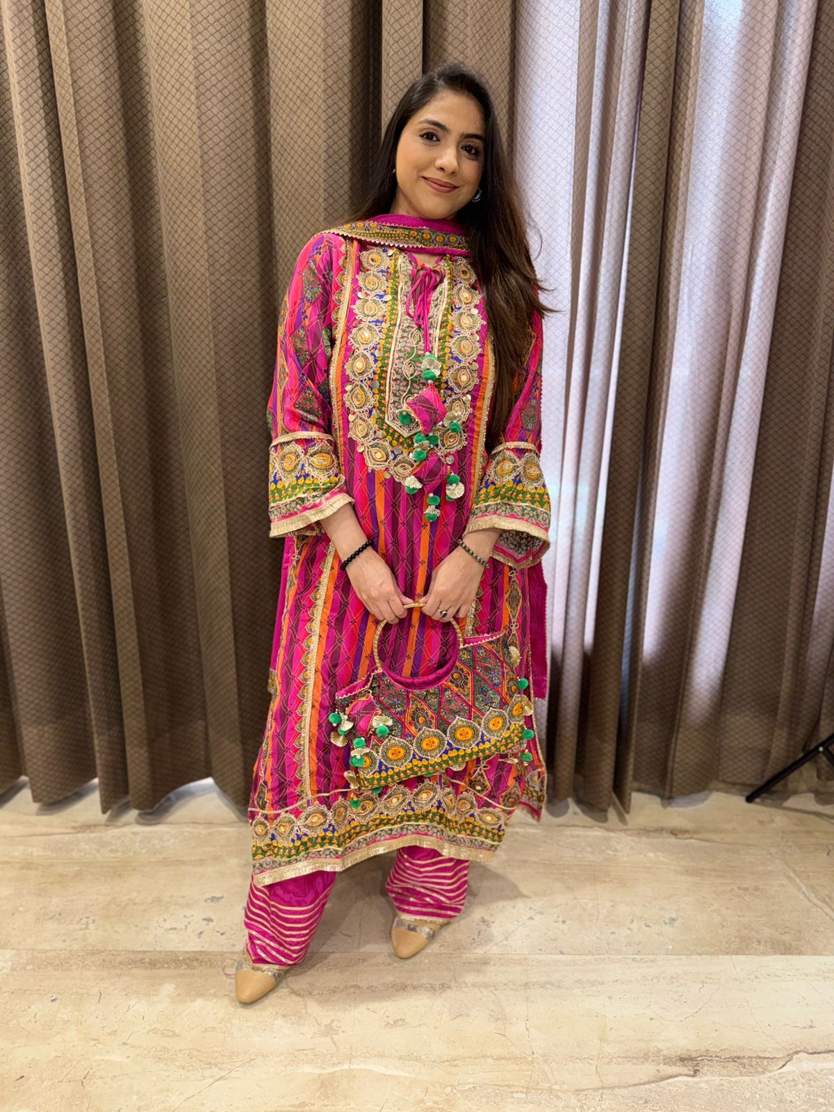 Designer Pink Party wear kurta Set with Multicolour Embroidery & Tassels