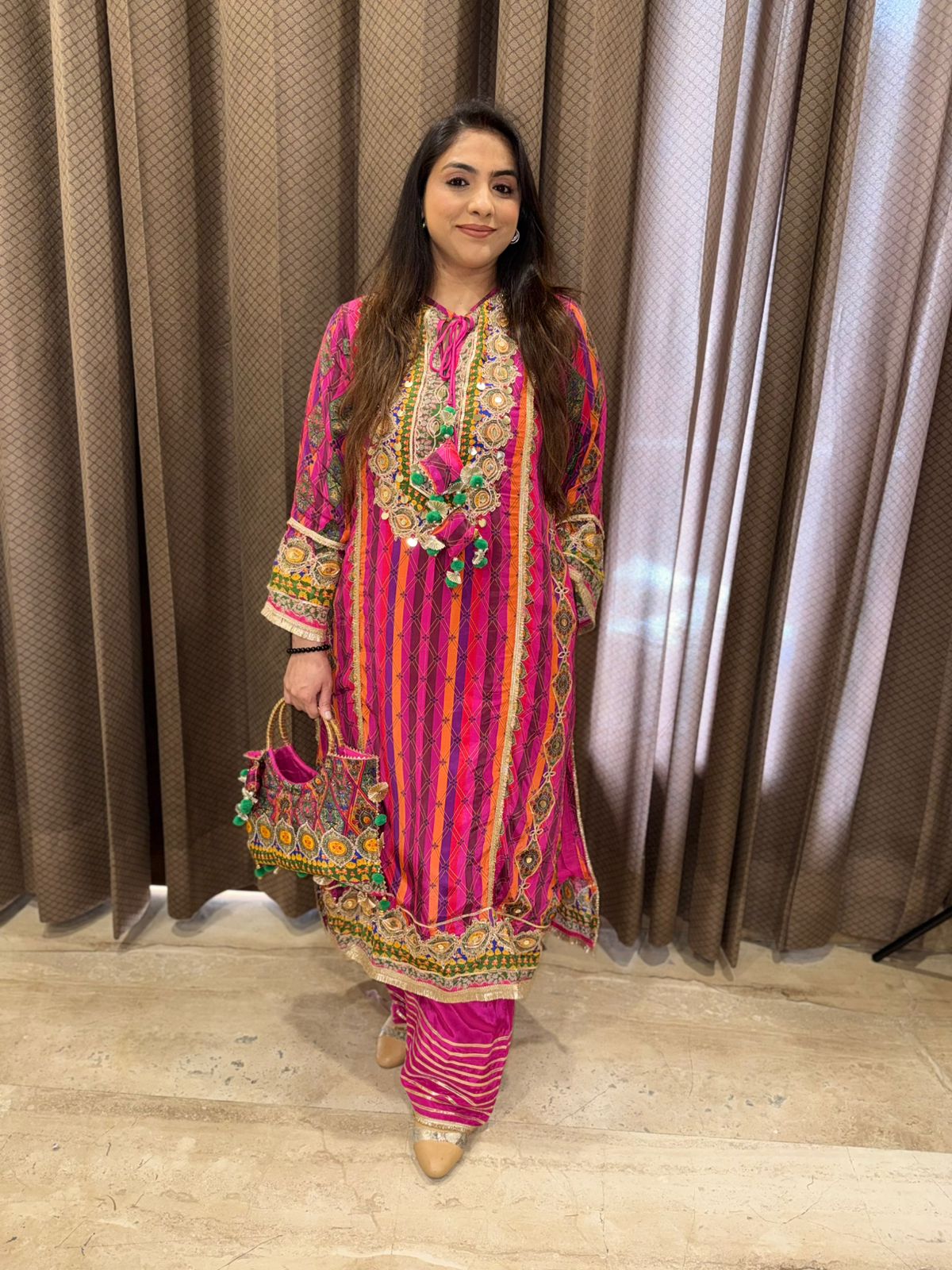 Designer Pink Party wear kurta Set with Multicolour Embroidery & Tassels