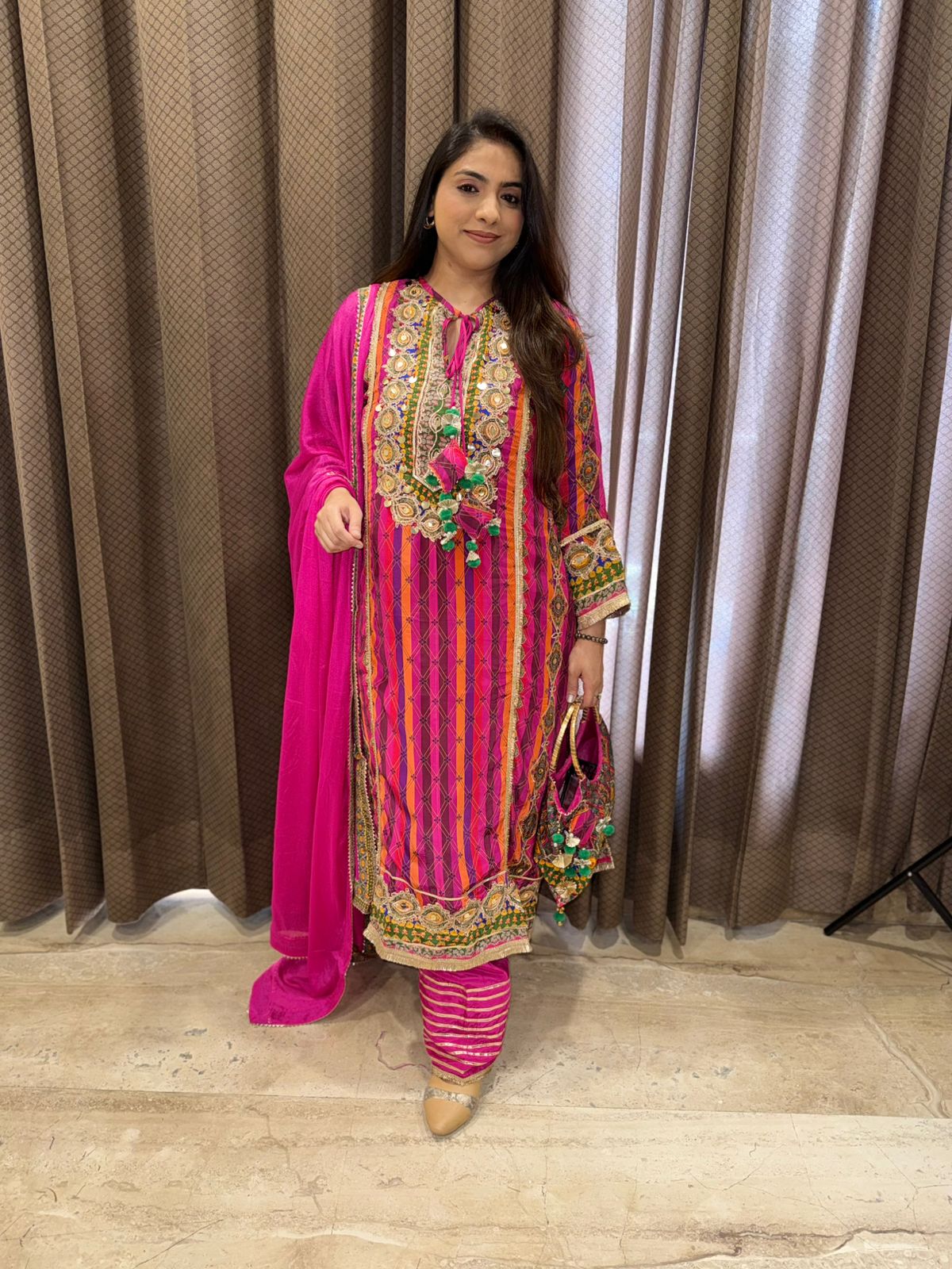 Designer Pink Party wear kurta Set with Multicolour Embroidery & Tassels