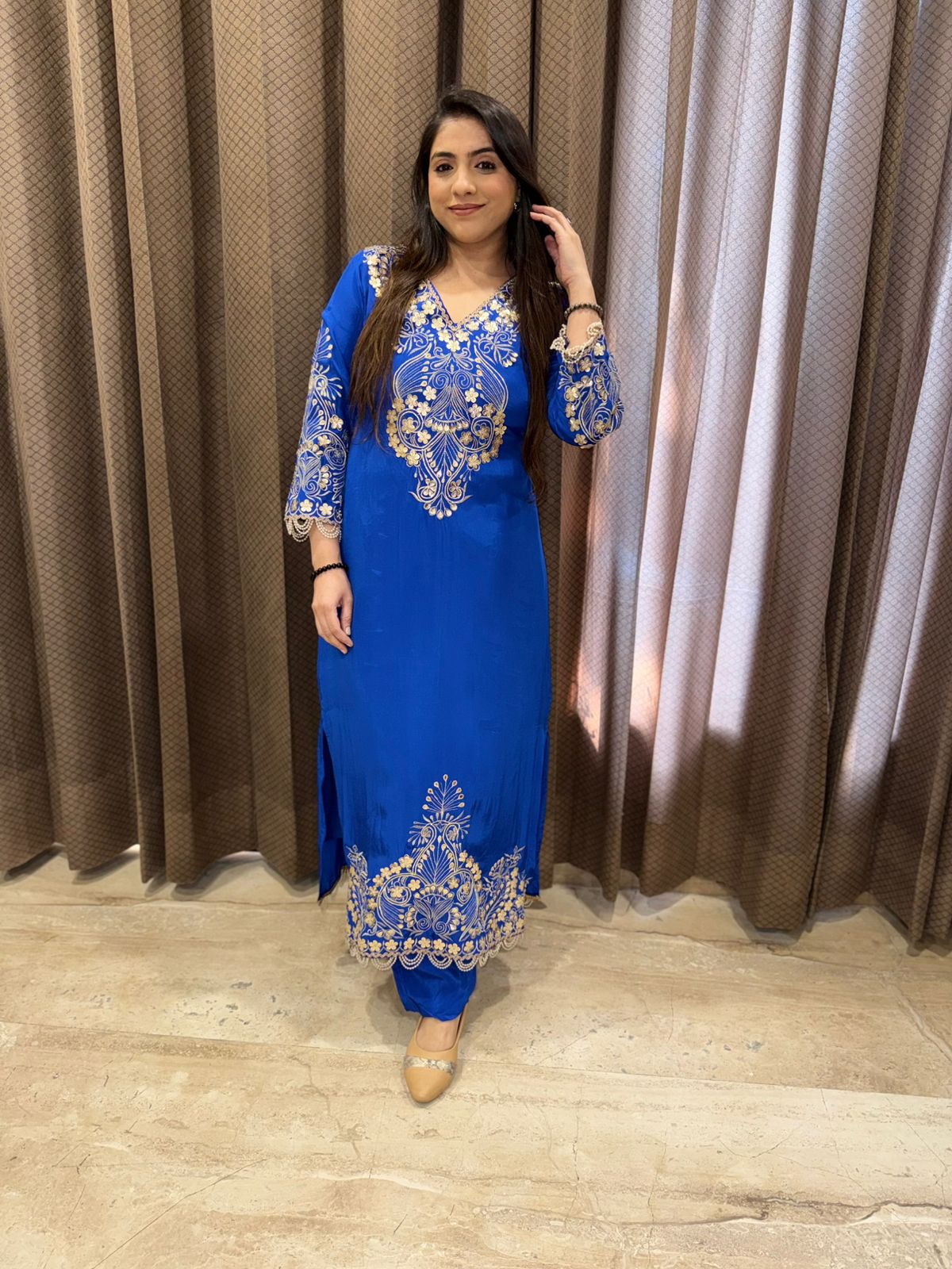 Elegant Royal Blue Long Dress set with zari,gotta and leather handwork