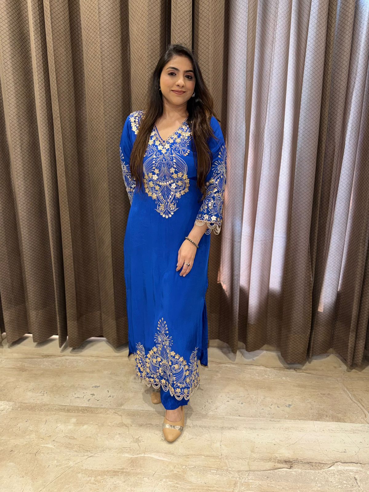Elegant Royal Blue Long Dress set with zari,gotta and leather handwork