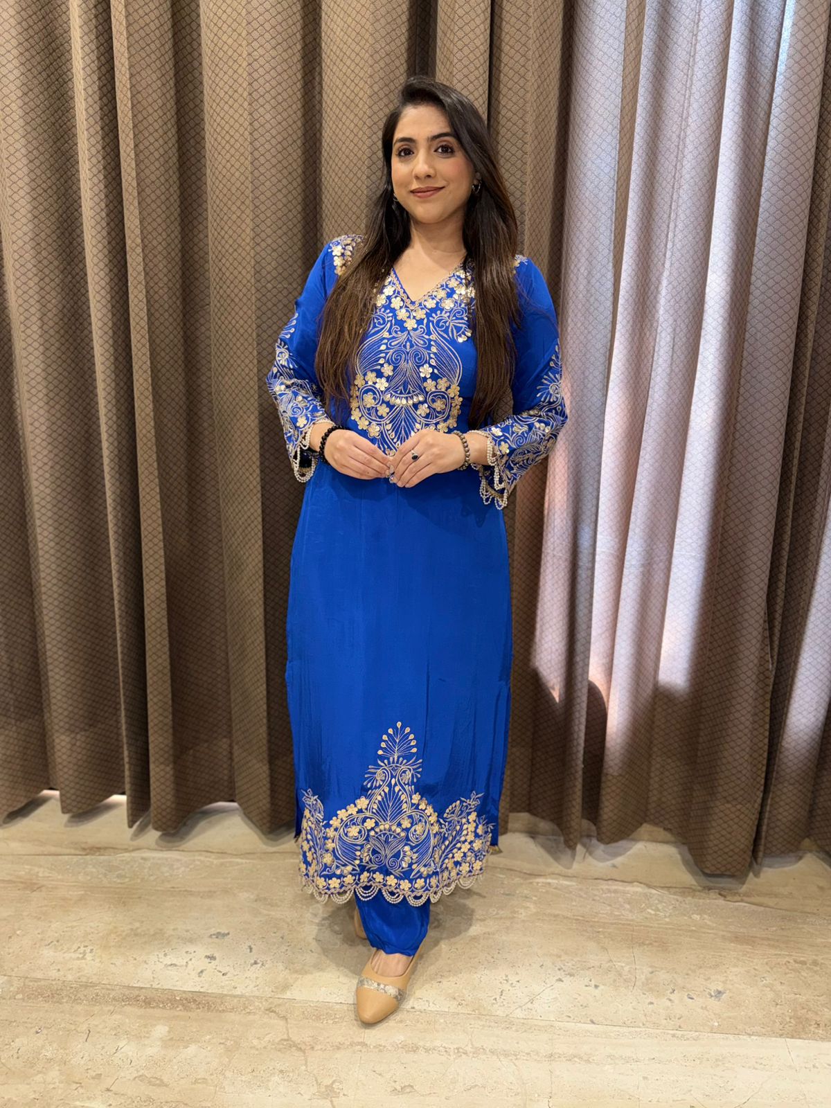 Elegant Royal Blue Long Dress set with zari,gotta and leather handwork