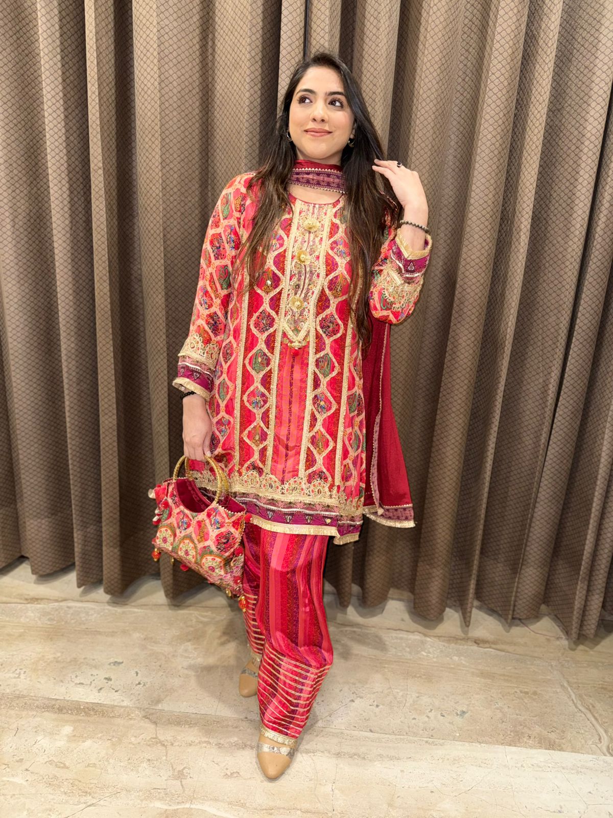 Royal Maroon & Pink C-Cut Handwork set with Farshi & bag