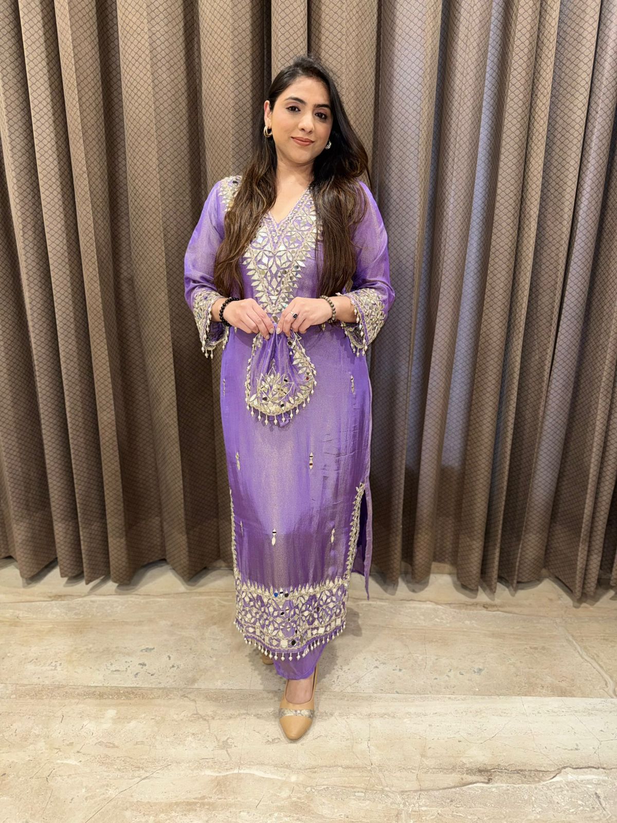 Gorgeous Shimmer Long Dress ser with mirror handwork & potli