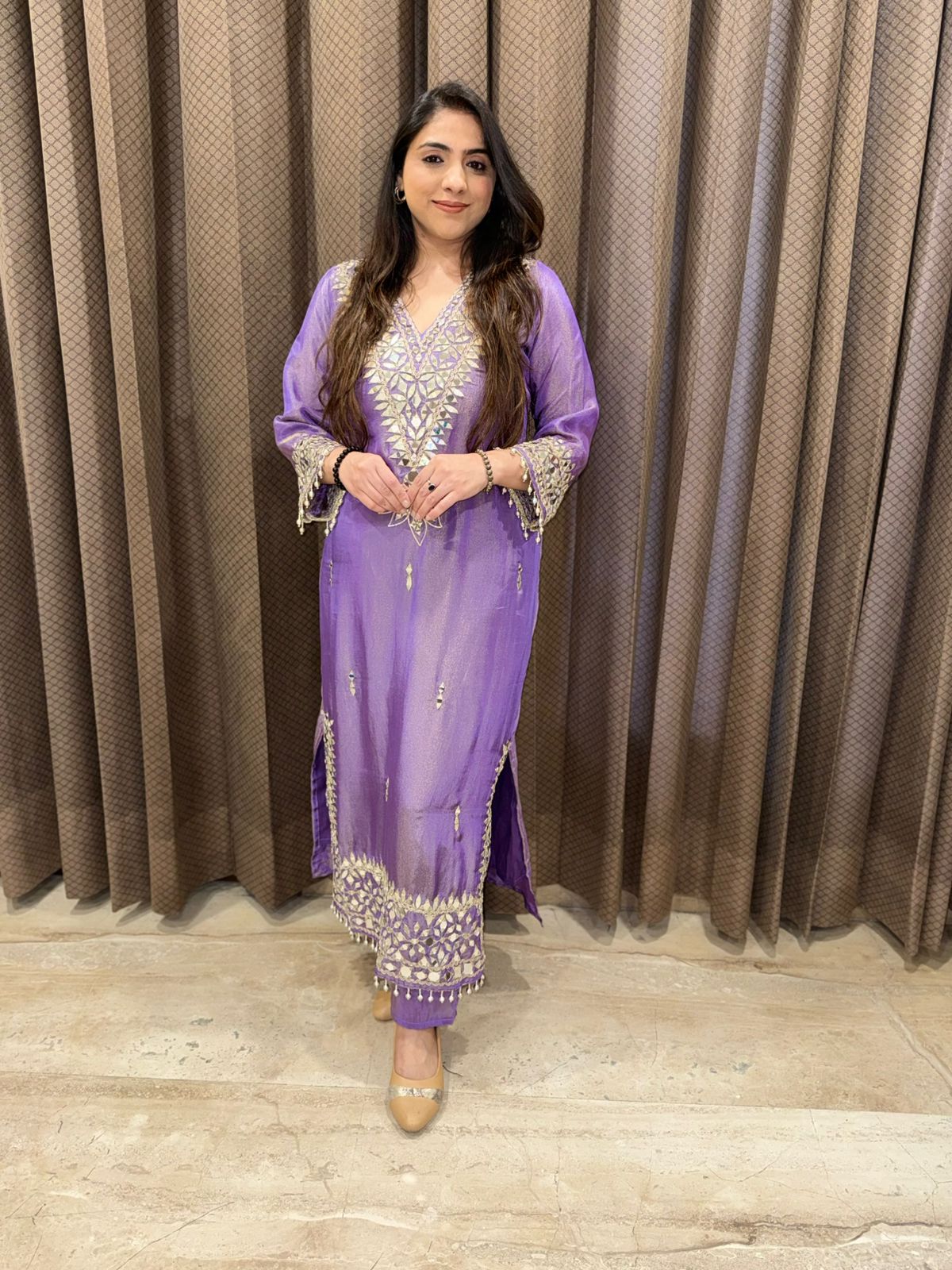 Gorgeous Shimmer Long Dress ser with mirror handwork & potli