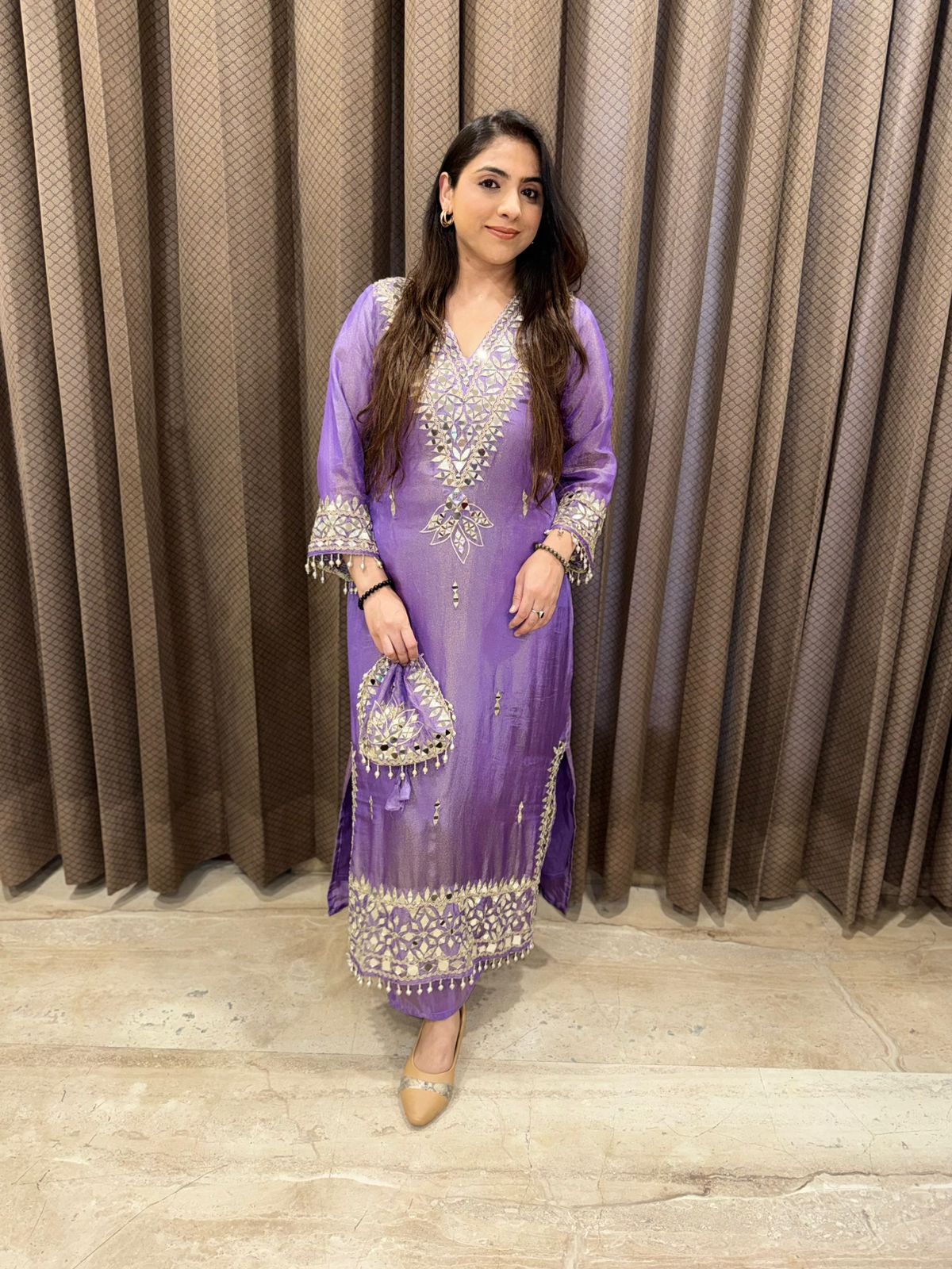 Gorgeous Shimmer Long Dress ser with mirror handwork & potli