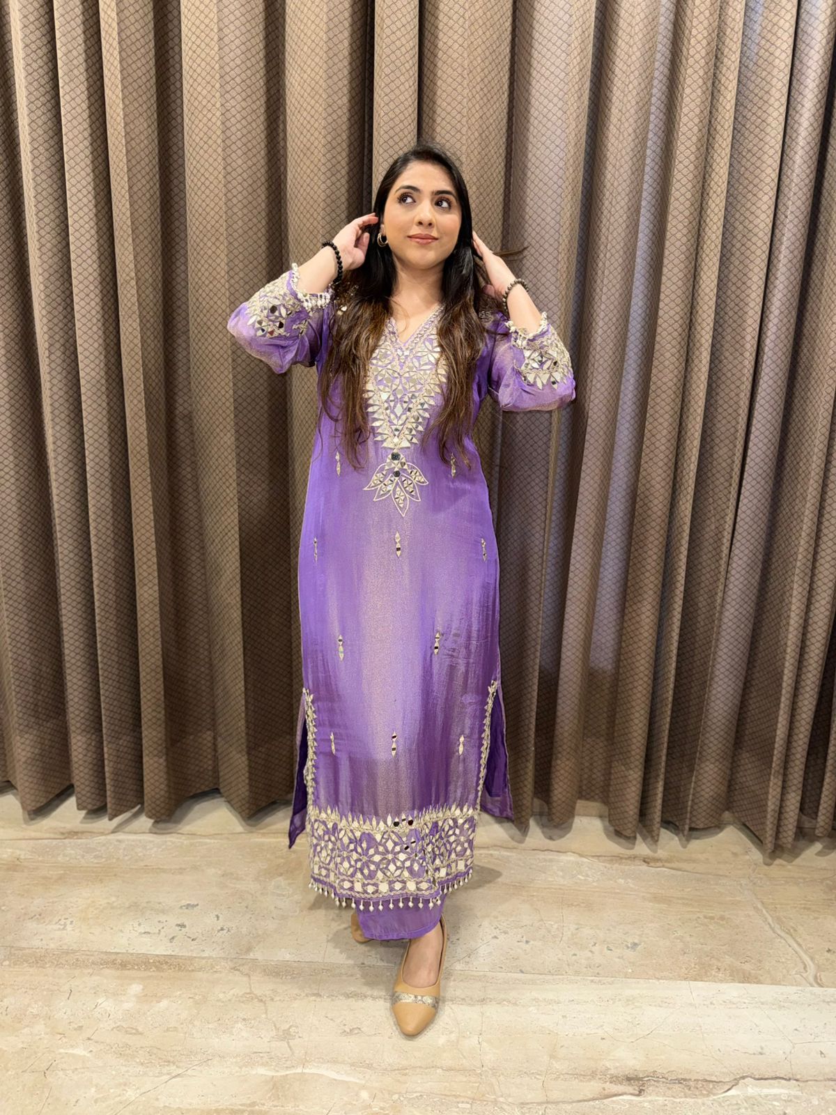 Gorgeous Shimmer Long Dress ser with mirror handwork & potli