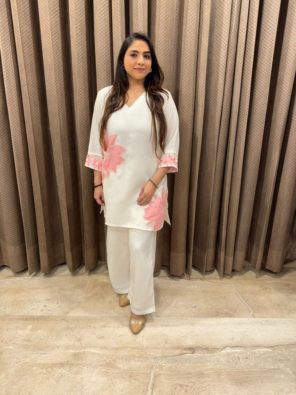 White & pink flower Co-ord set with handwork detailing