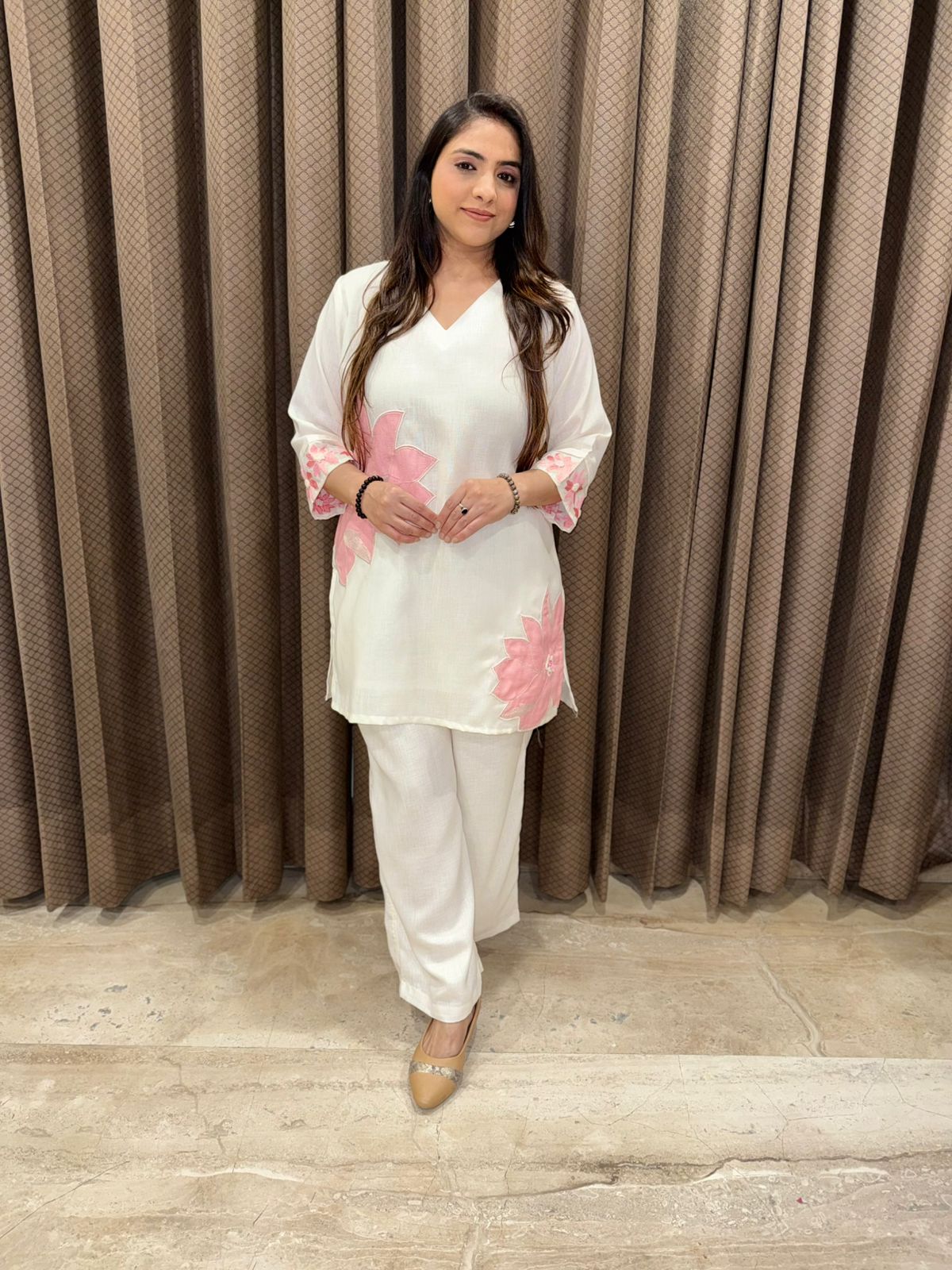 White & pink flower Co-ord set with handwork detailing