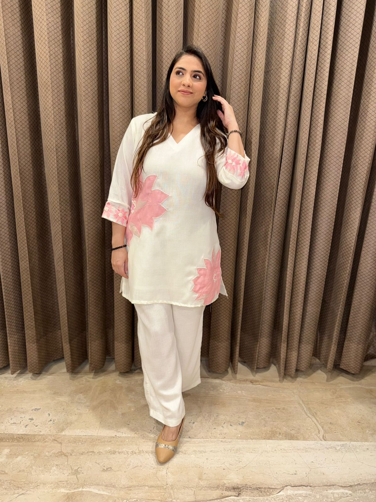 White & pink flower Co-ord set with handwork detailing
