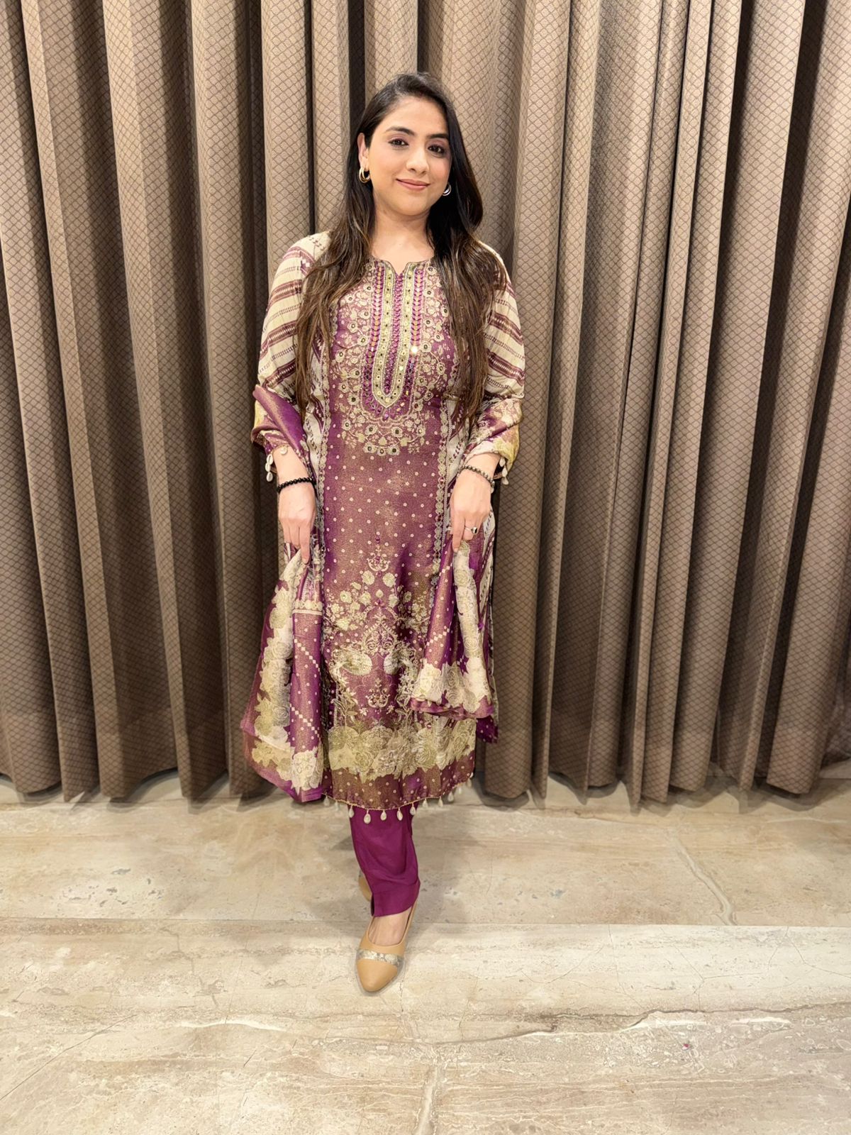 Designer Wine straight suit set with handwork & dupatta