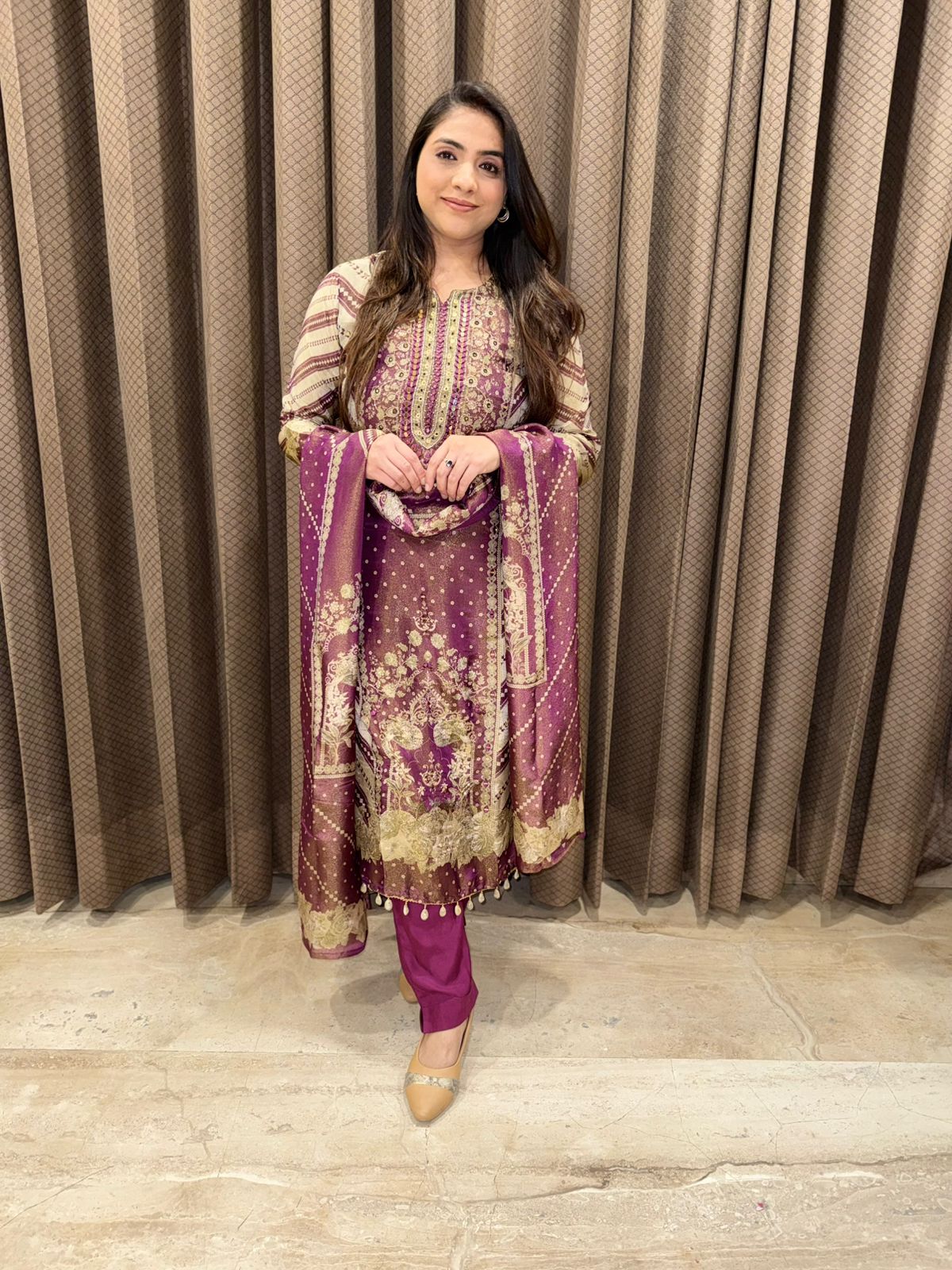 Designer Wine straight suit set with handwork & dupatta