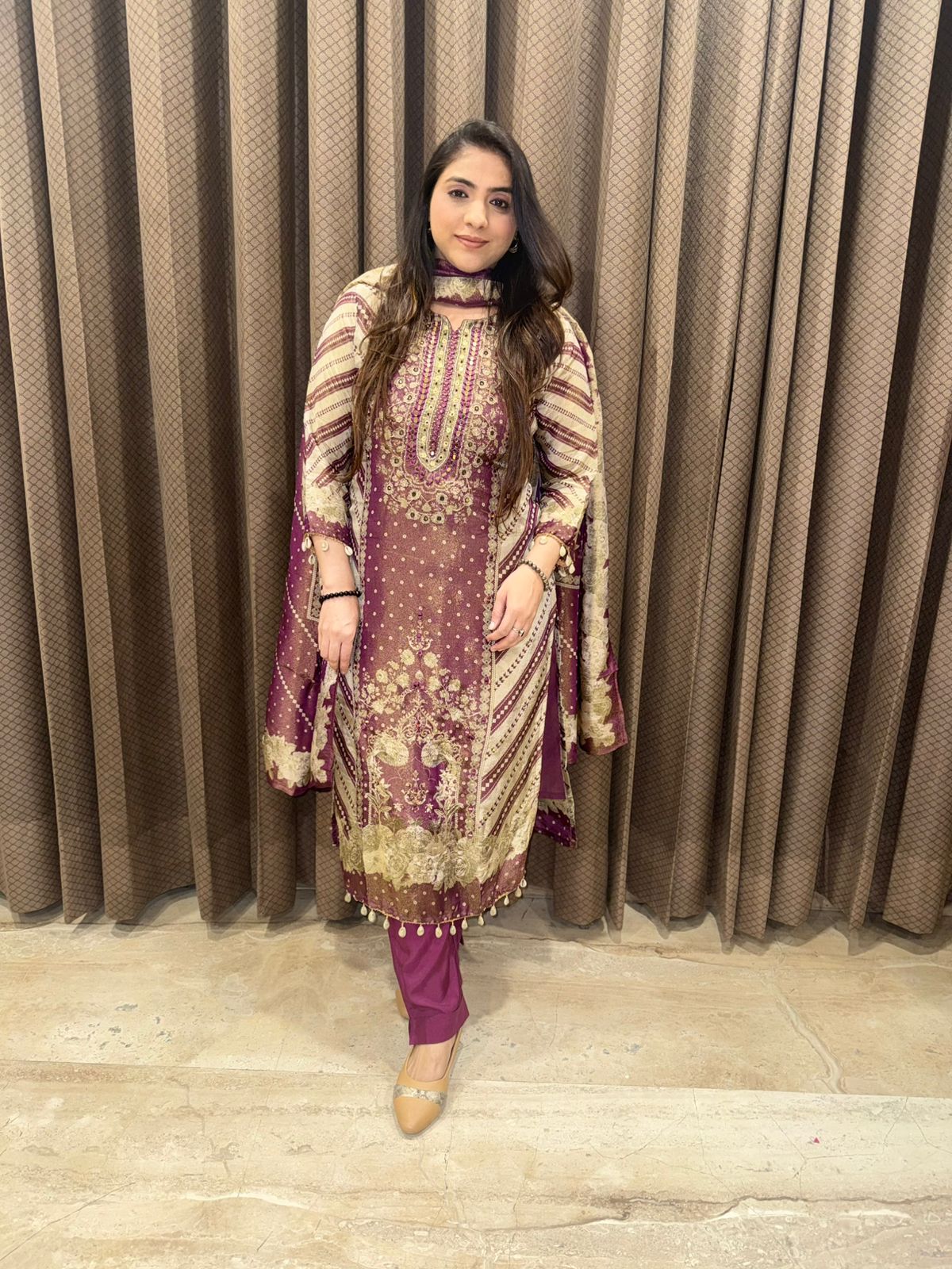 Designer Wine straight suit set with handwork & dupatta