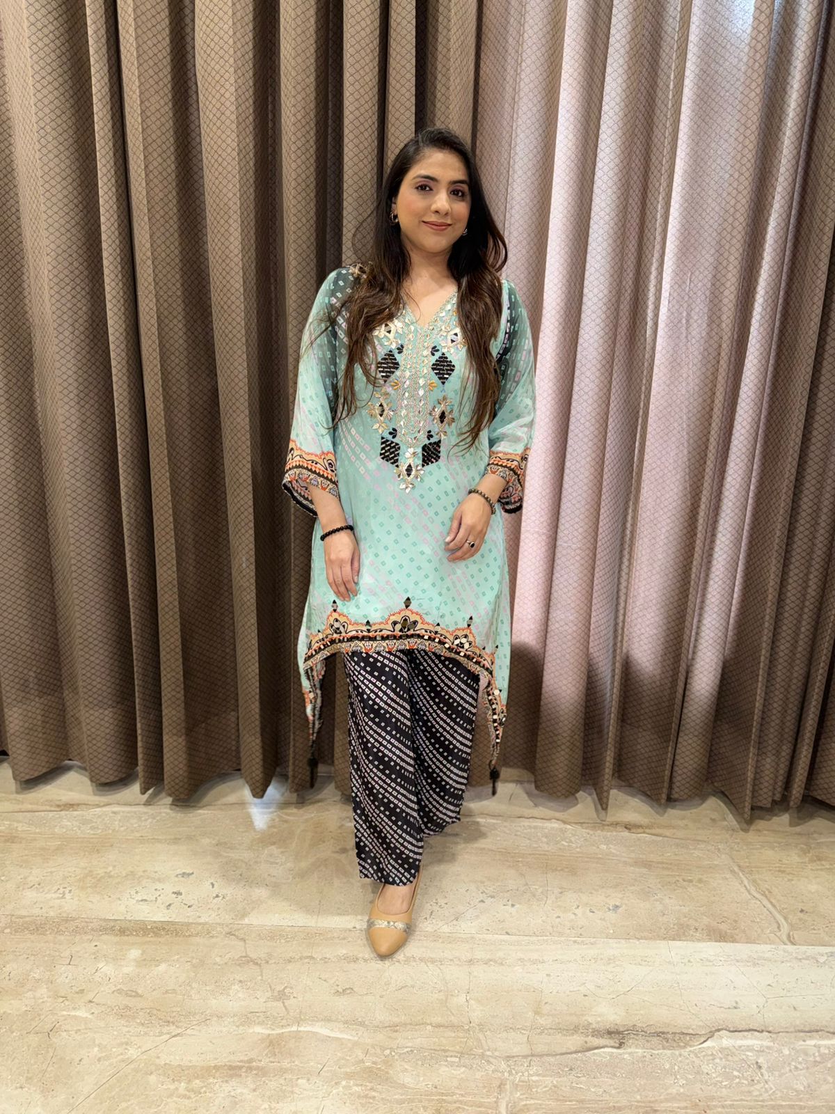 Designer C-Cut Co-ord set with mirror and gotta handwork