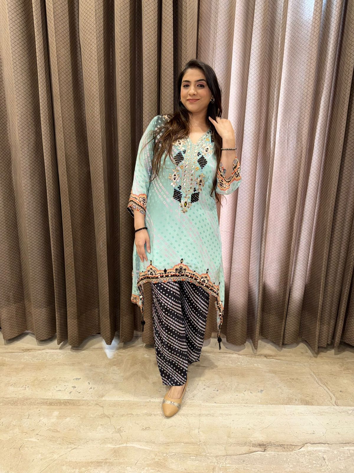 Designer C-Cut Co-ord set with mirror and gotta handwork