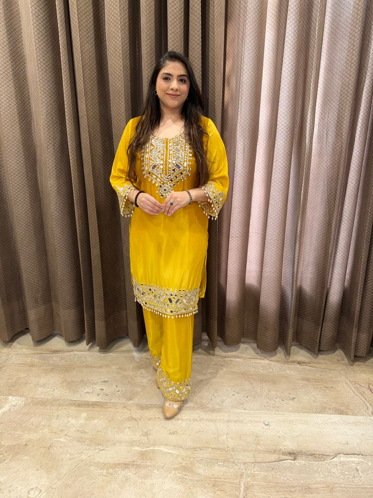 Yellow ombre Co-ord set with mirror handwork